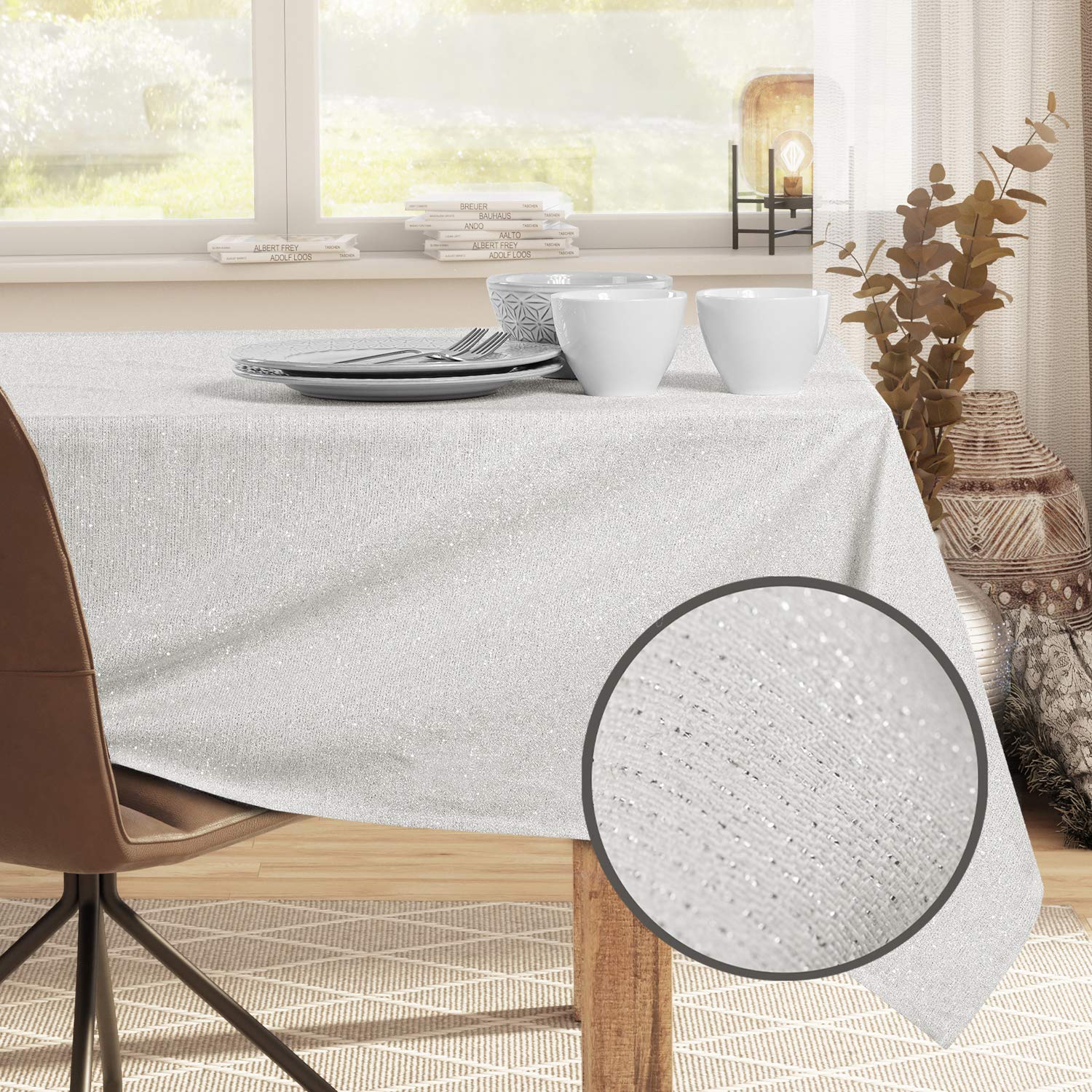 DecoKing Tischdecke, Baumwolle, Creme, Sparkle, 160 x 200 cm, oval Küche, Haushalt & Wohnen