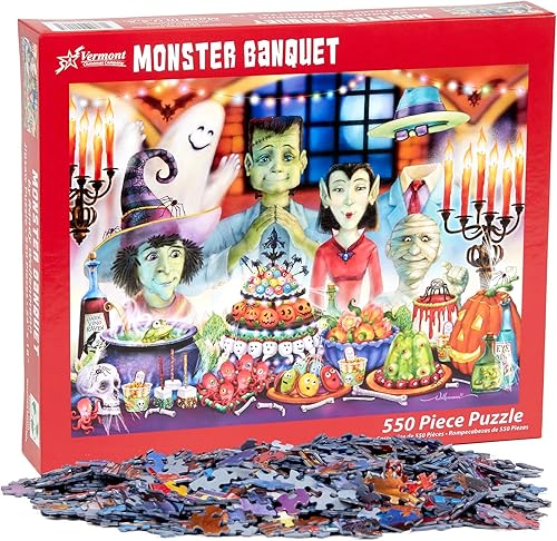 Miniatura 4 de Vermont Christmas Company Rompecabezas de banquete de monstruos, rompecabezas de Halloween de 550 piezas para adultos con piezas totalmente