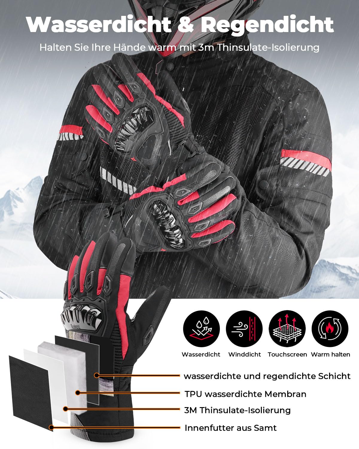 KEMIMOTO Winter Motorradhandschuhe, geprüfte Motorradhandschuhe,Motorrad Handschuhe Winter, Touchscreen Handschuhe, Wasserdicht, für Motorradfahren, Skifahren, Roller
