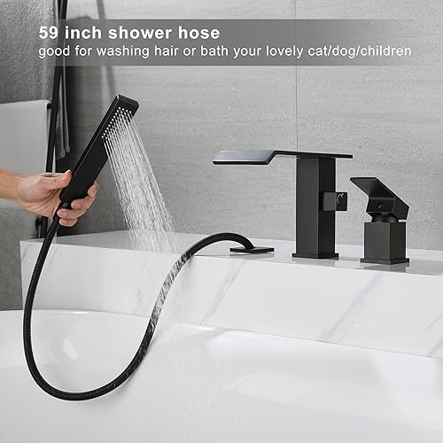 Vista 3 de Grifo de bañera romana en cascada con ducha de mano, grifo de bañera negro mate, 3 agujeros, relleno de bañera generalizado, montaje en cubierta