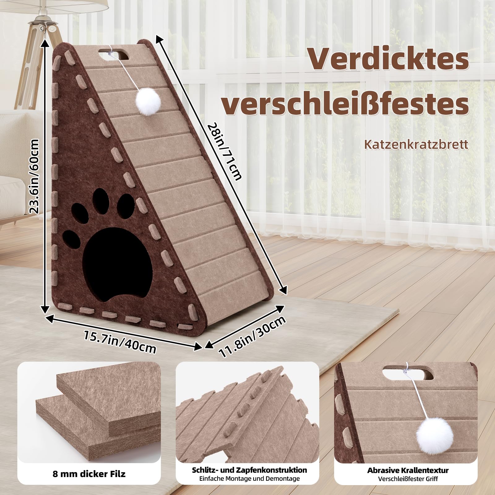 Mittimiya 3-in-1 Filz Kratzbrett Katze, 63 cm Hohe Dreieck kratzbretter Katze mit Ballspielzeug, für Katzen Kratzen Spielen Ausruhen(Braun)