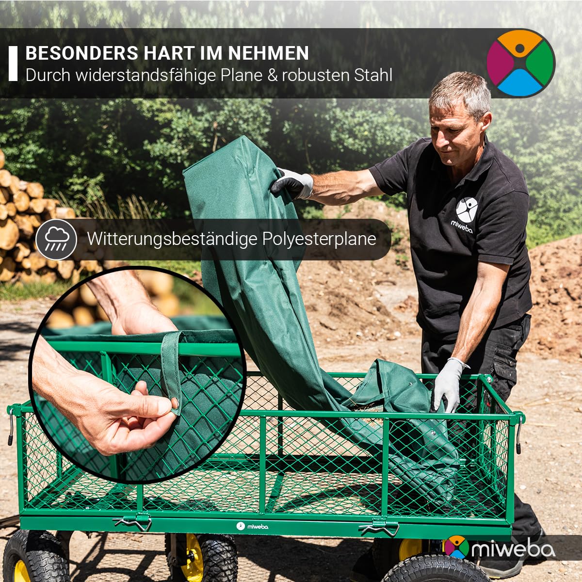 Miweba Bollerwagen MB-700 | 𝟕𝟎𝟎 kg Traglast - Luftreifen - Wände klappbar - Volumen 220 L - Sackkarre - Schubkarre - Transportwagen - Handwagen - Gartenwagen - Wagen - Gartenkarre (Grün)