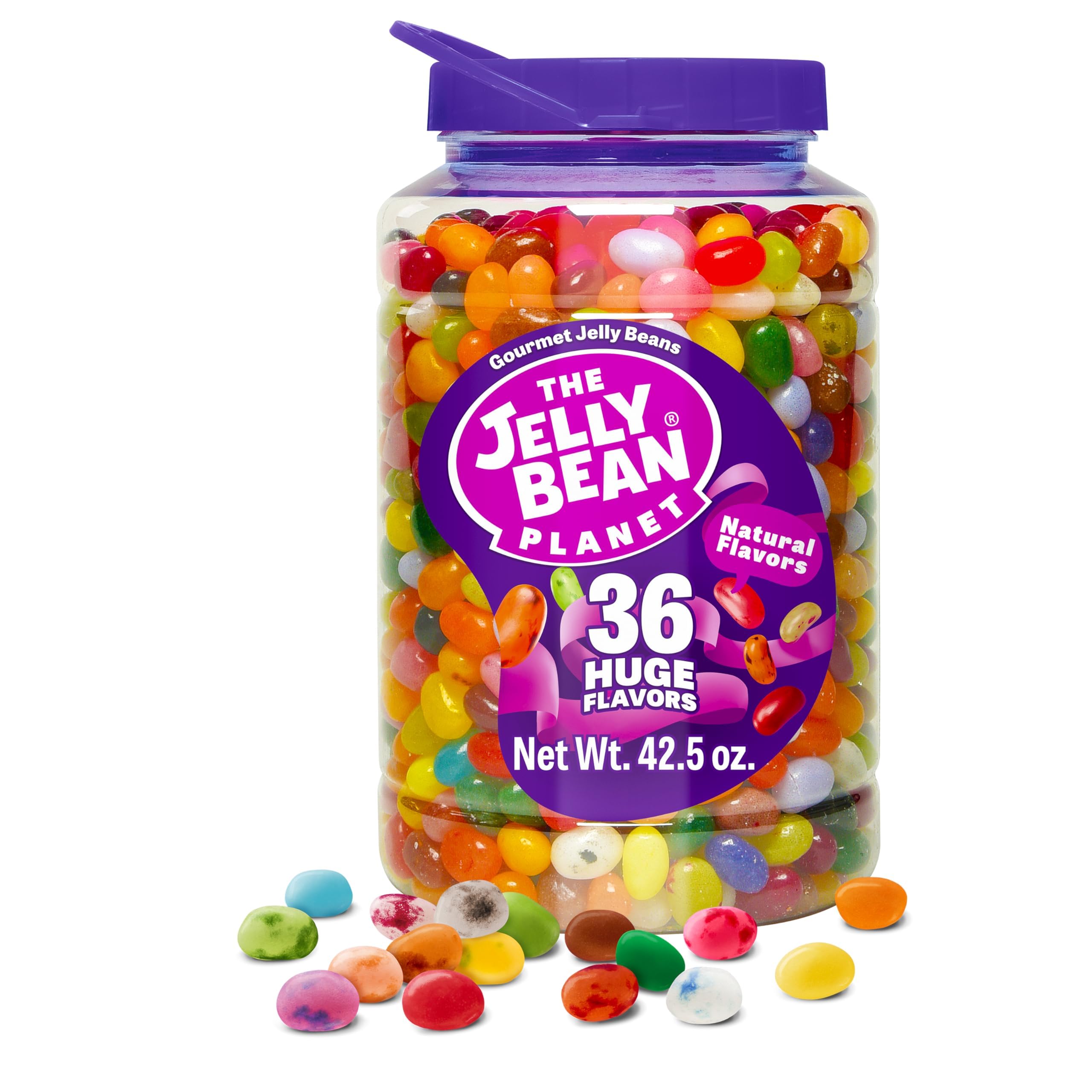 The Jelly Bean Planet, Gourmet Jelly Beans Gift 42.5 Oz Jar - 36 Huge Natural Fruit Flavors, Seasonal, Birthday, Kosher Candy, Plant Based Colors - Gluten Free, Fun Bulk Sweets Assortment