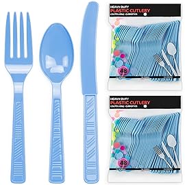 DecorRack Plastic Cutlery Set, Light Blue Colored Plastic Silverware Sets for Parties, 96 Piece Bulk Heavy Duty Utensils (Light Blue, 96 Pieces)