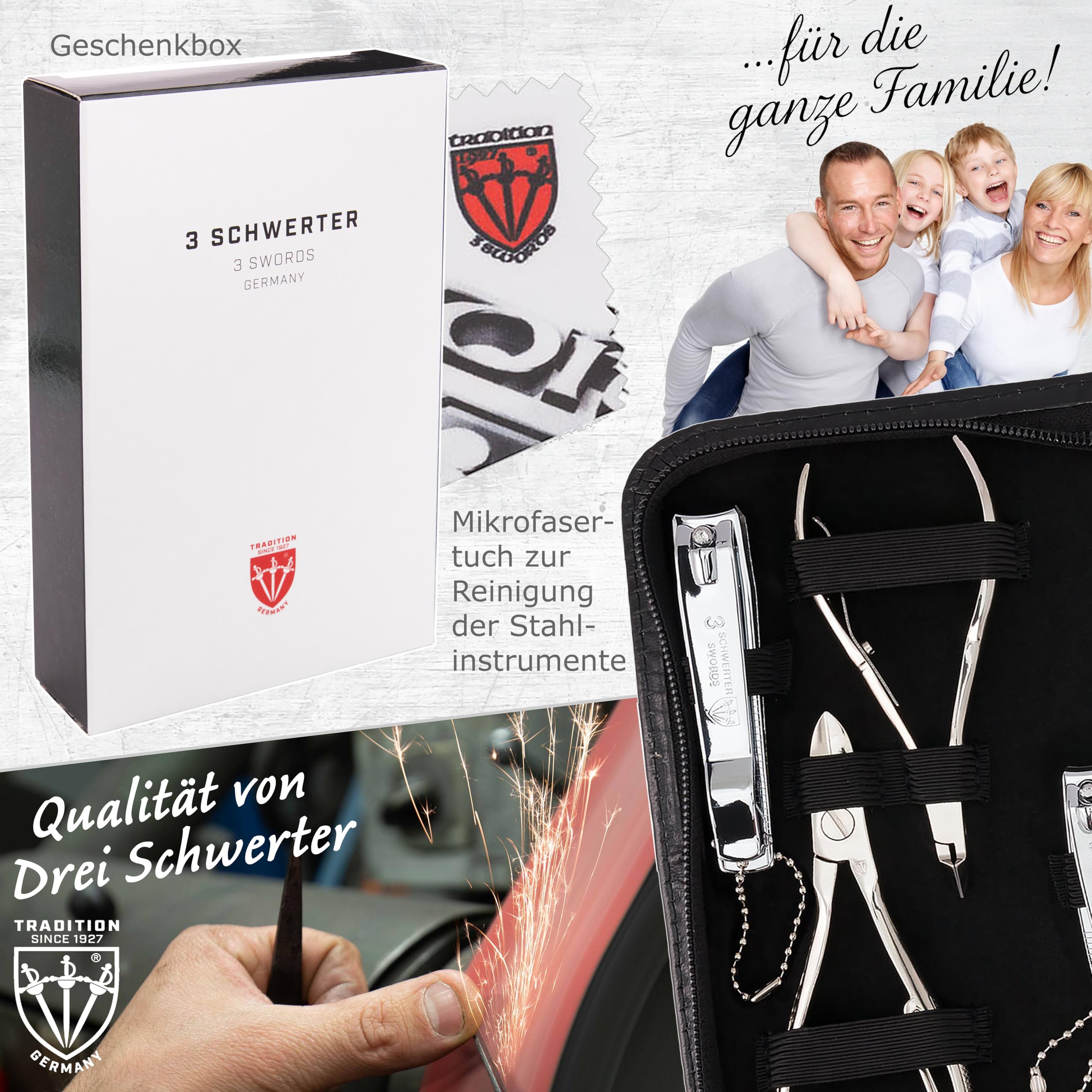 DREI SCHWERTER - Germany 10 piezas Set de manicura 'Spezia' | estuche de uñas en piel sintética negra | Contenido: tijeras para uñas, tijeras para cutículas, alicates, pinzas, lima de uñas de cristal