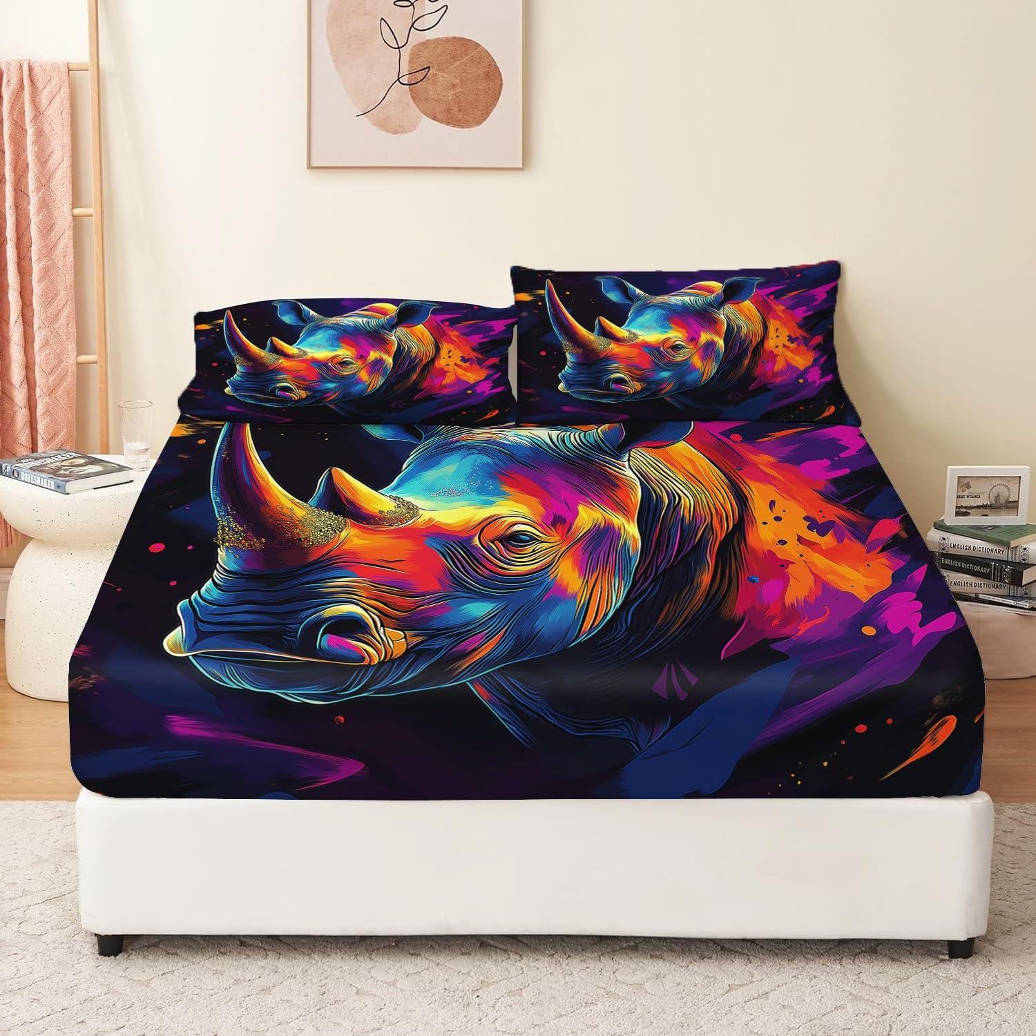 Lenzuolo con angoli 3 pezzi stampato 160 x 201 cm Rinoceronte di pittura digitale Lenzuolo con angoli extra profondo Colore Lenzuola con angoli con federe in microfibra spazzolata