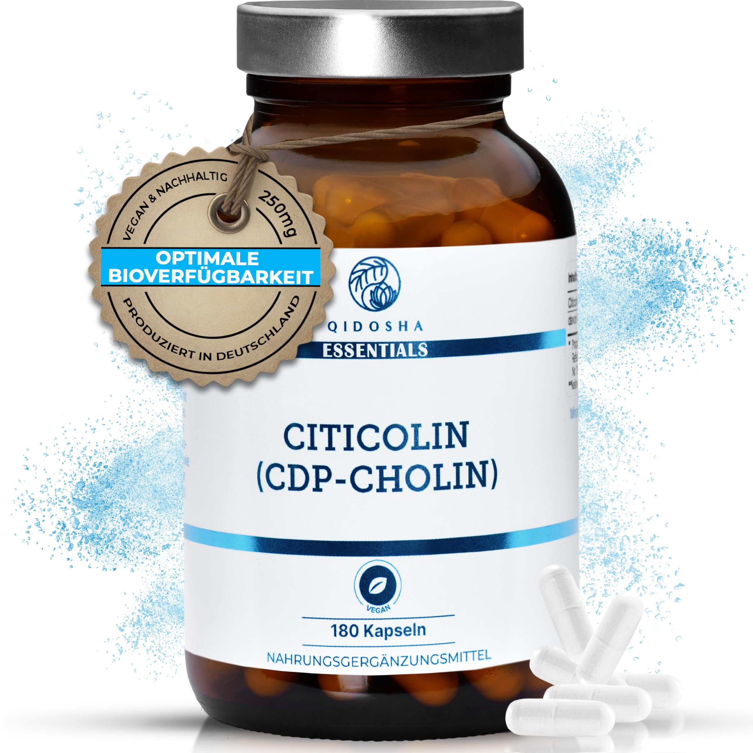 QIDOSHA® CDP Cholin (Citicolin) Kapseln, 250mg pro Kapsel, voller Citicoline, vegan, laborgeprüft, für Altersdementiale,
