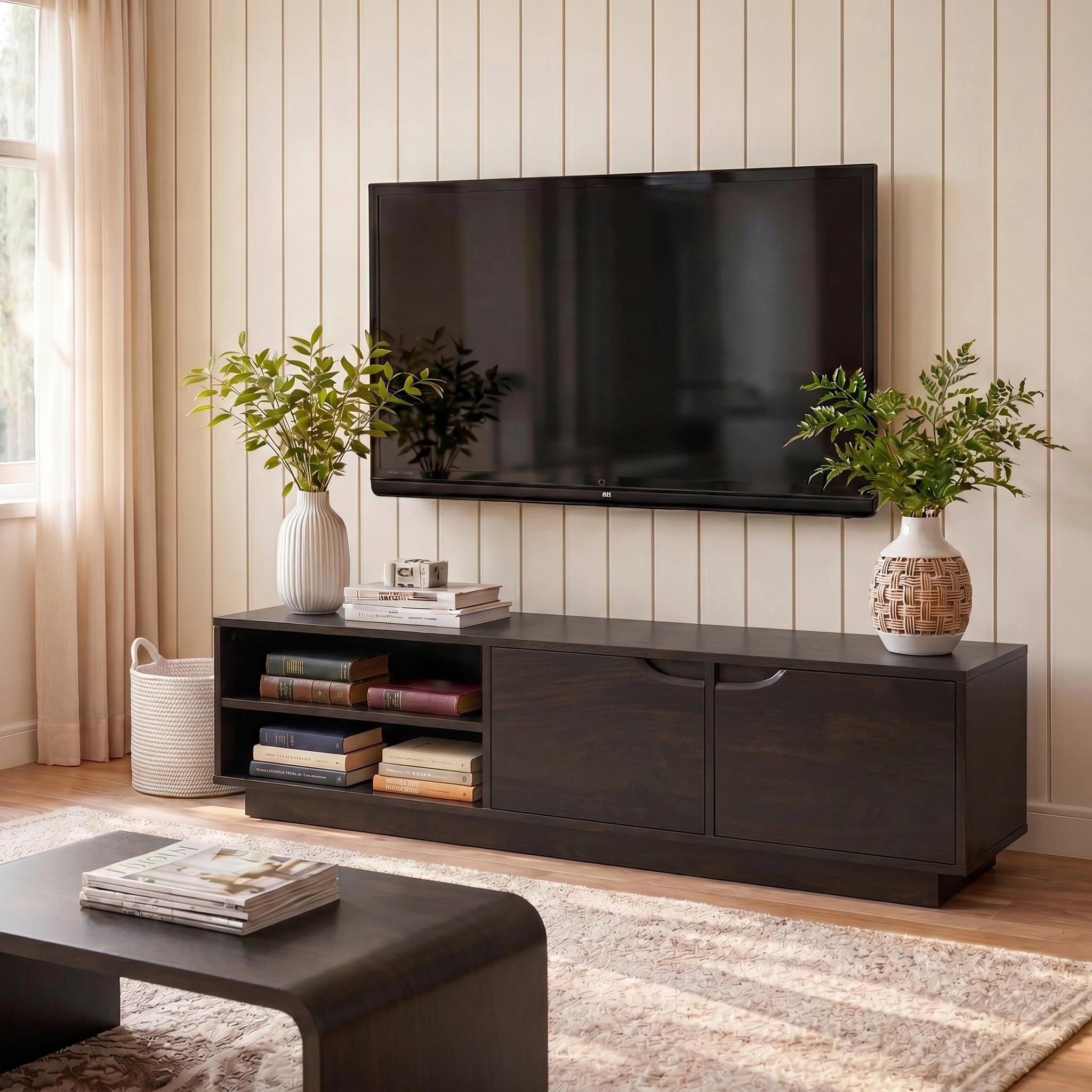 Levon Artisan Solid Mango Wood TV Unit with Open Shelf & Double Door Storage | Modern Entertainment Console American Walnut Finish-image-35