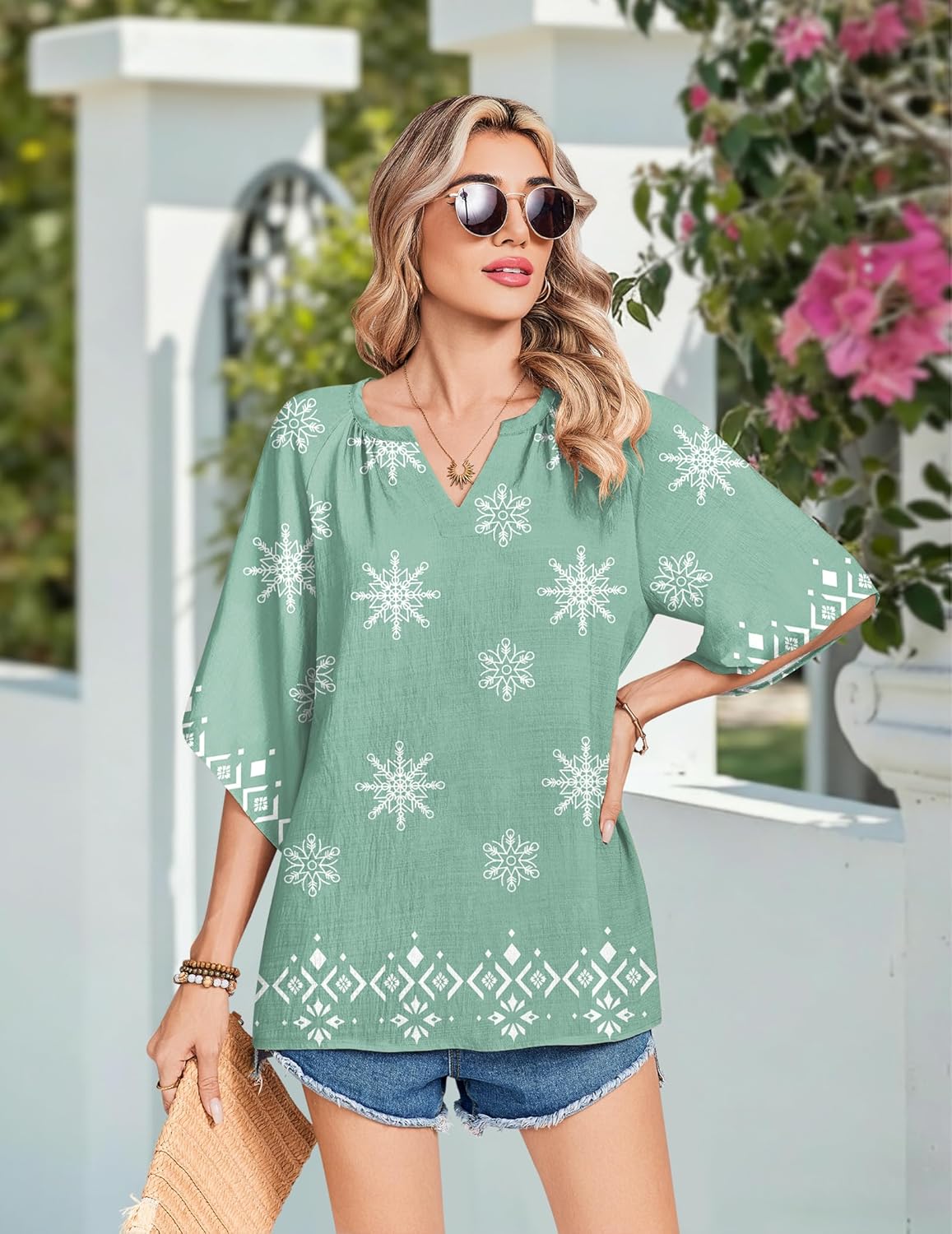 Zeagoo Womens Tops 3/4 Sleeve V Neck Bohemian Blouses Casual Loose Fit Tunic Boho Shirts Floral Printed Clothes - Image 2