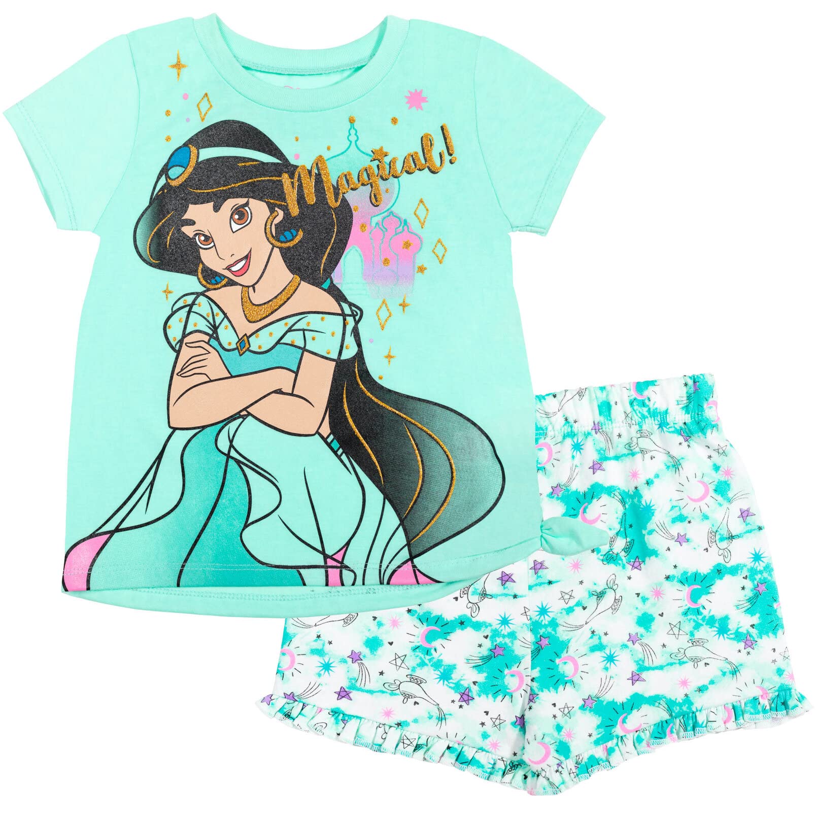 DisneyFrozen Moana Princess Tiana Floral Peplum T-Shirt and French Terry Shorts Outfit Set Toddler to Big Kid