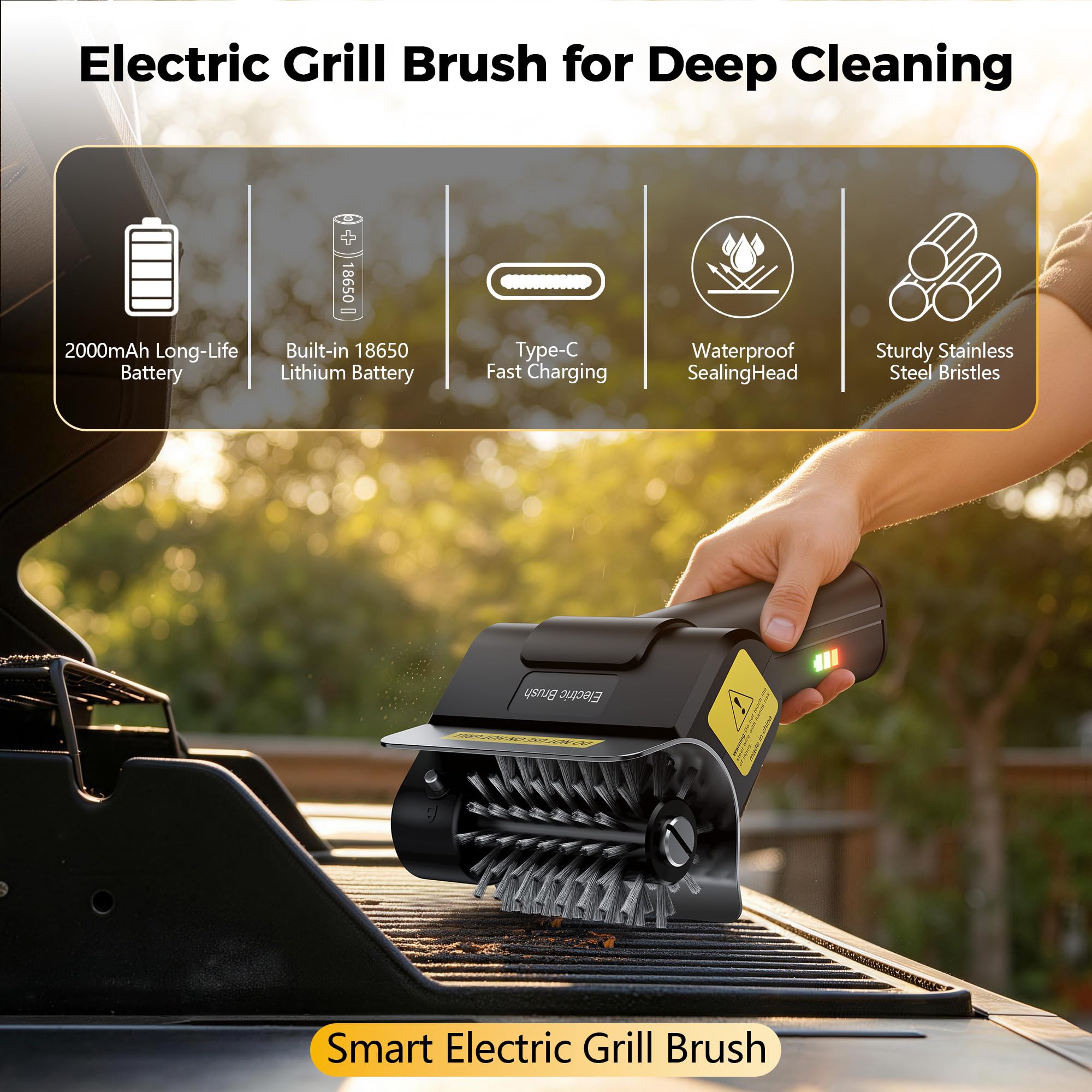 Cepillo eléctrico para parrilla, cepillo de barbacoa inalámbrico resistente con cerdas de acero inoxidable, batería recargable de 2000 mAh, limpiador motorizado de parrilla de 1100 RPM para parrillas