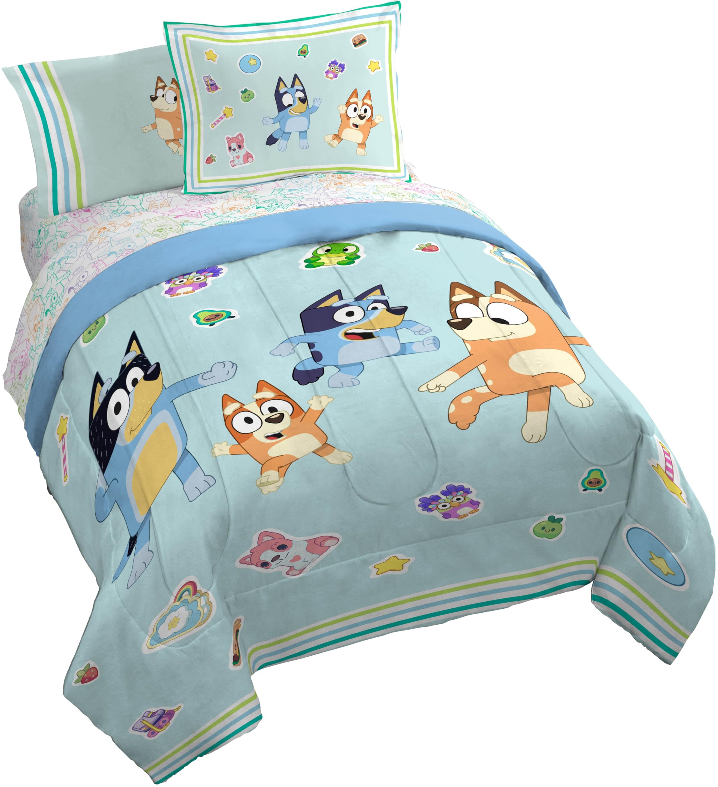 Jay Franco Kids Comforter Set Includes Sheets and Pillow Covers - Soft and Cozy Bed Set for Stylish Room Decor, Blue - Bluey 7 Piece Queen Size Bedding