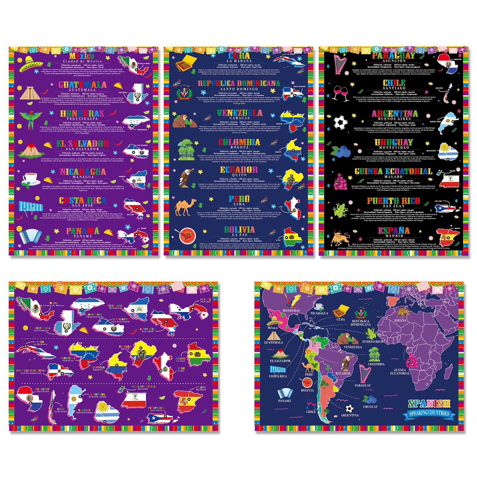 gisgfim 18 x 12 in Spanish Speaking Countries (with Map) Poster Set Spanish ESL Classroom Learning Materials Spanish Classroom Decorations Students Latin American Country Educational Poster Teachers
