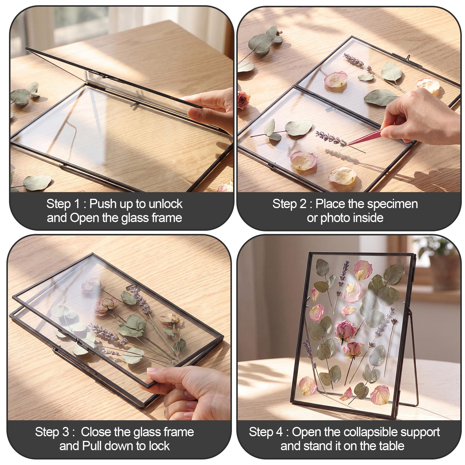 Vicenpal 3 Stück gepresster Blumenrahmen aus Glas, handgefertigt, 15,2 x 20,3 cm, schwebende Bilderrahmen für gepresste Blumen, Messing, Doppelglas für Tischdekoration, Heimbüro, Pflanzenexemplare