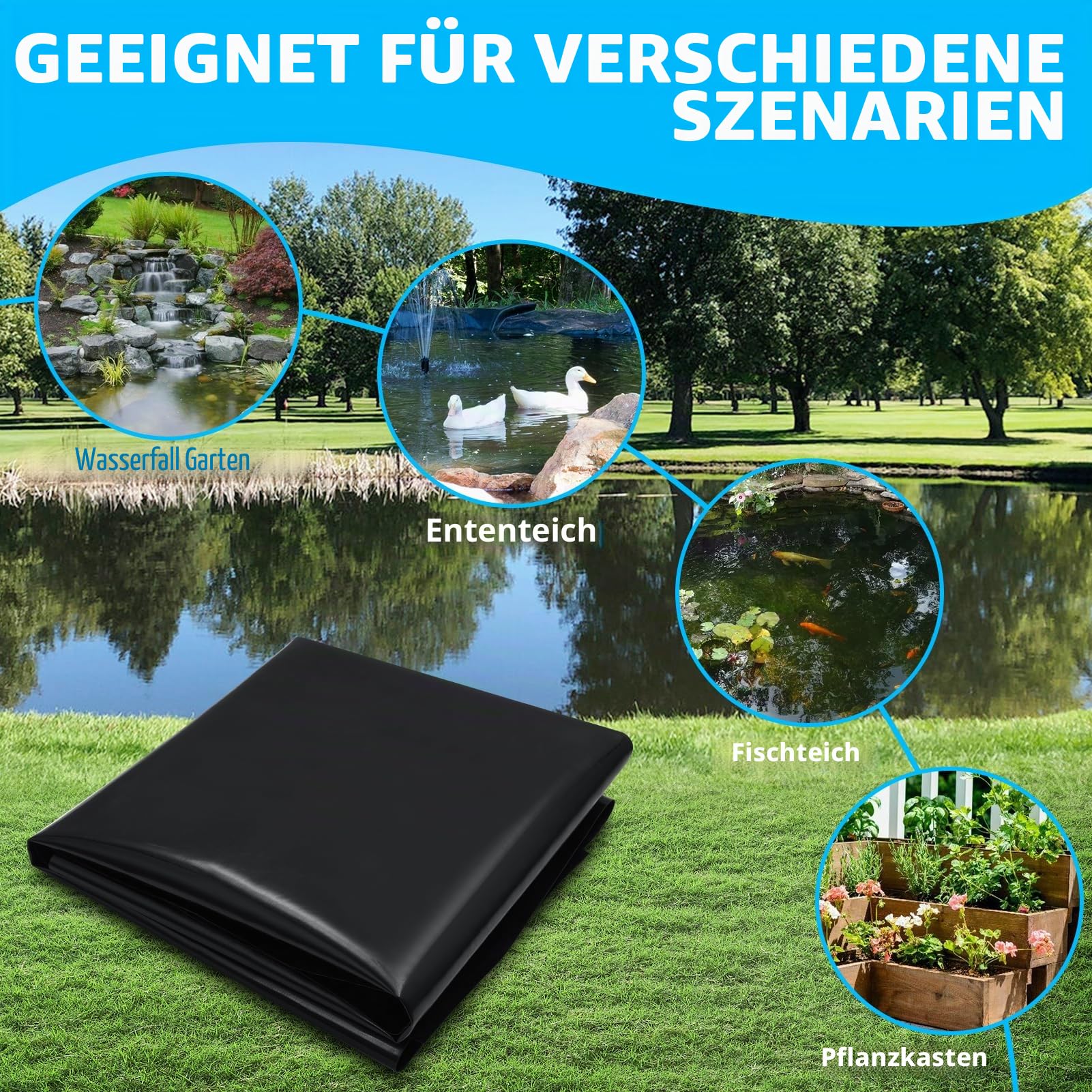 Teichfolie, 6x8m Teichwanne Stärke 0.5mm, Schwarz HDPE Teichfolien Schwerlast, Dichtungsfolie Teichmembran Schwimmteich Folie für Fischteiche/Brunnen/Wassergarten/Wasserfall/ Gartenteich/Teichbecken