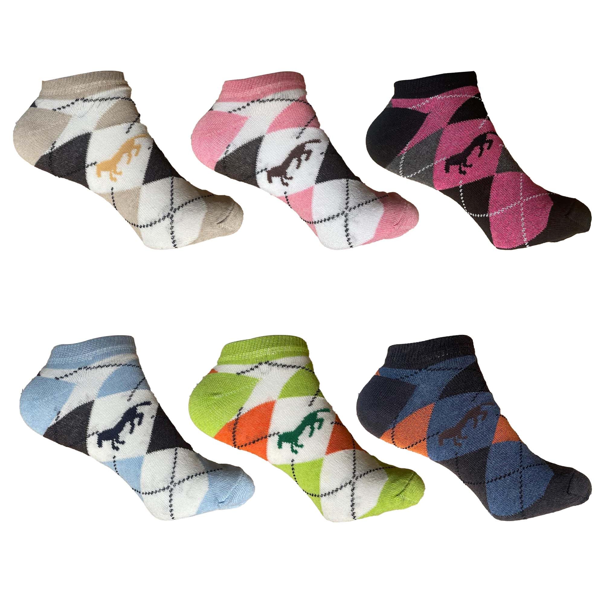 Cozy Flair Women's Argyle Horse Design 12 Pairs Equestrian Horse Design Low Cut Ankle Socks | 75% Cotton Rich Comfort | Uk Size 4-7 | Breathable & Stylish For Running, Walking, Fitness, And Outdoor Sports