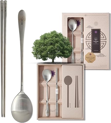 BALWOO 5 juegos Hecho en Corea Juego de palillos de cuchara de arroz pegajosa coreana chapado en titanio dorado 304 vajilla de acero inoxidable 304
