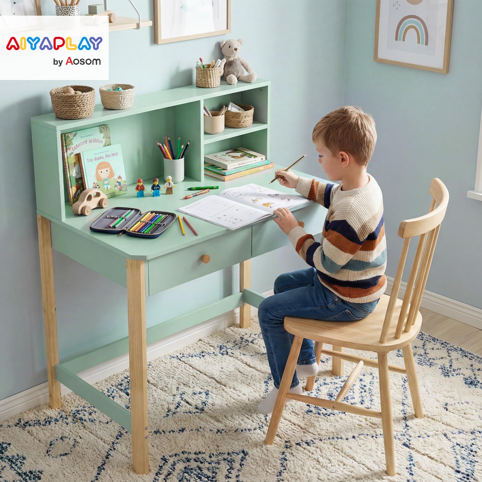 AIYAPLAY Bureau Enfant en Bois avec Grand Plateau 75H cm, 2 Tiroirs, 3 Compartiments Ouverts, Table Étude Dessin Lecture, 5-12 Ans, Vert