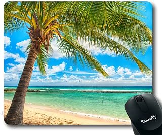 Smooffly Ocean Tapestry, Exotic Beach Water and Palm Tree by The Shore with Clear Sky Landscape Image Gaming Mouse Pad,9.5 X 7.9 Inches, Green Blue White