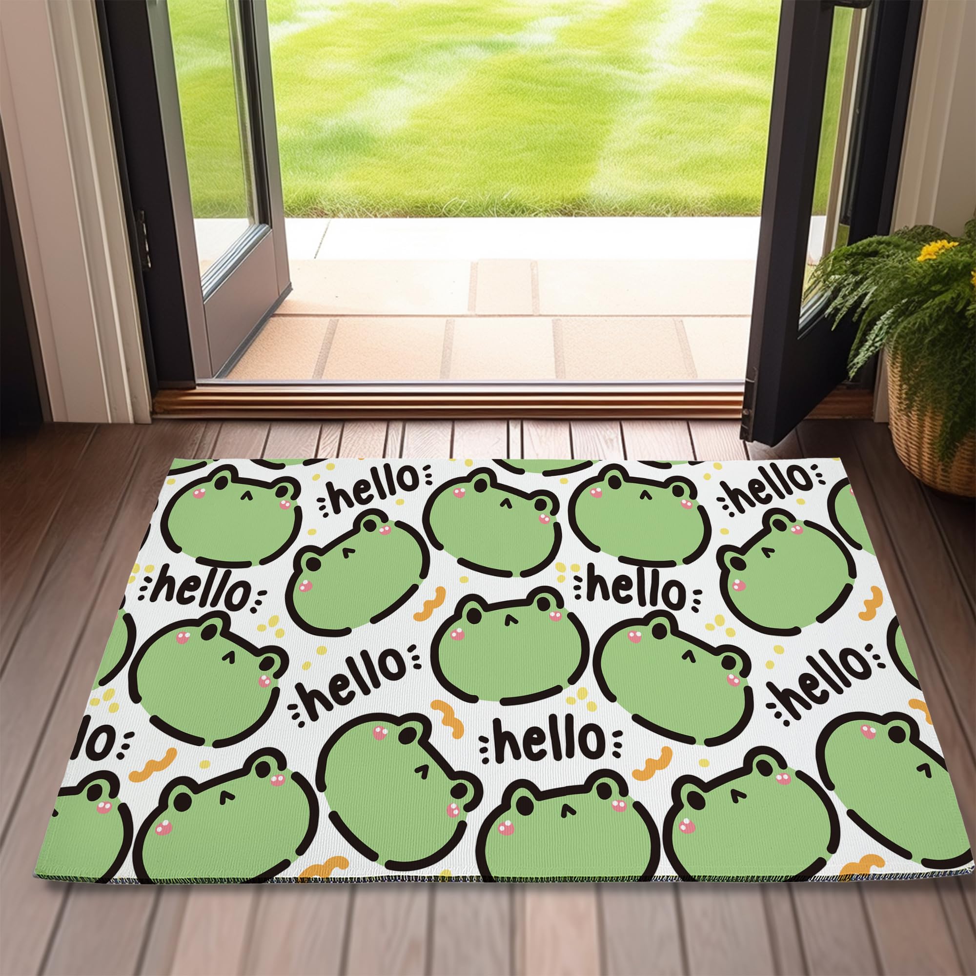 Frogs Welcome Door Mat,Hello Cute Frog Face Doormat for Outside Entrance Home Decor,Non-Slip Carpet Rugs with Felt Entryway Mat for Patio Indoor Front