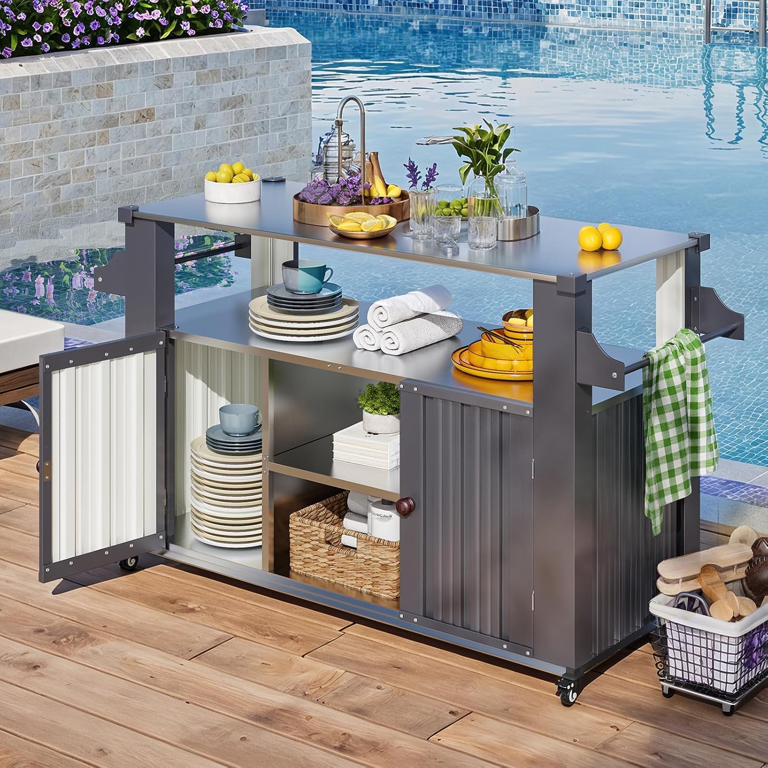 YODOLLA Outdoor Kücheninsel mit Rollen, Grillwagen mit Schrank, Grau