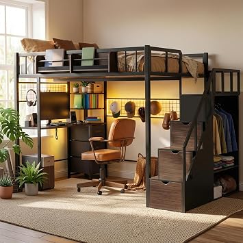 Kikihouse Loft Bed with Desk and Stairs, Headboard, Outlet Black, Twin