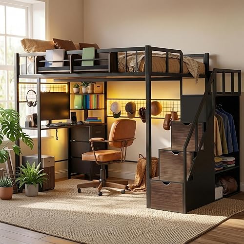 Twin Loft Bed with Desk, Storage Stairs & Wardrobe, Metal Loft Bed Frame w/Headboard, Bedside Shelf, Charging Station & 6 Drawers, LED Gaming Bed for Adult Space-Saving, Black & Walnut
