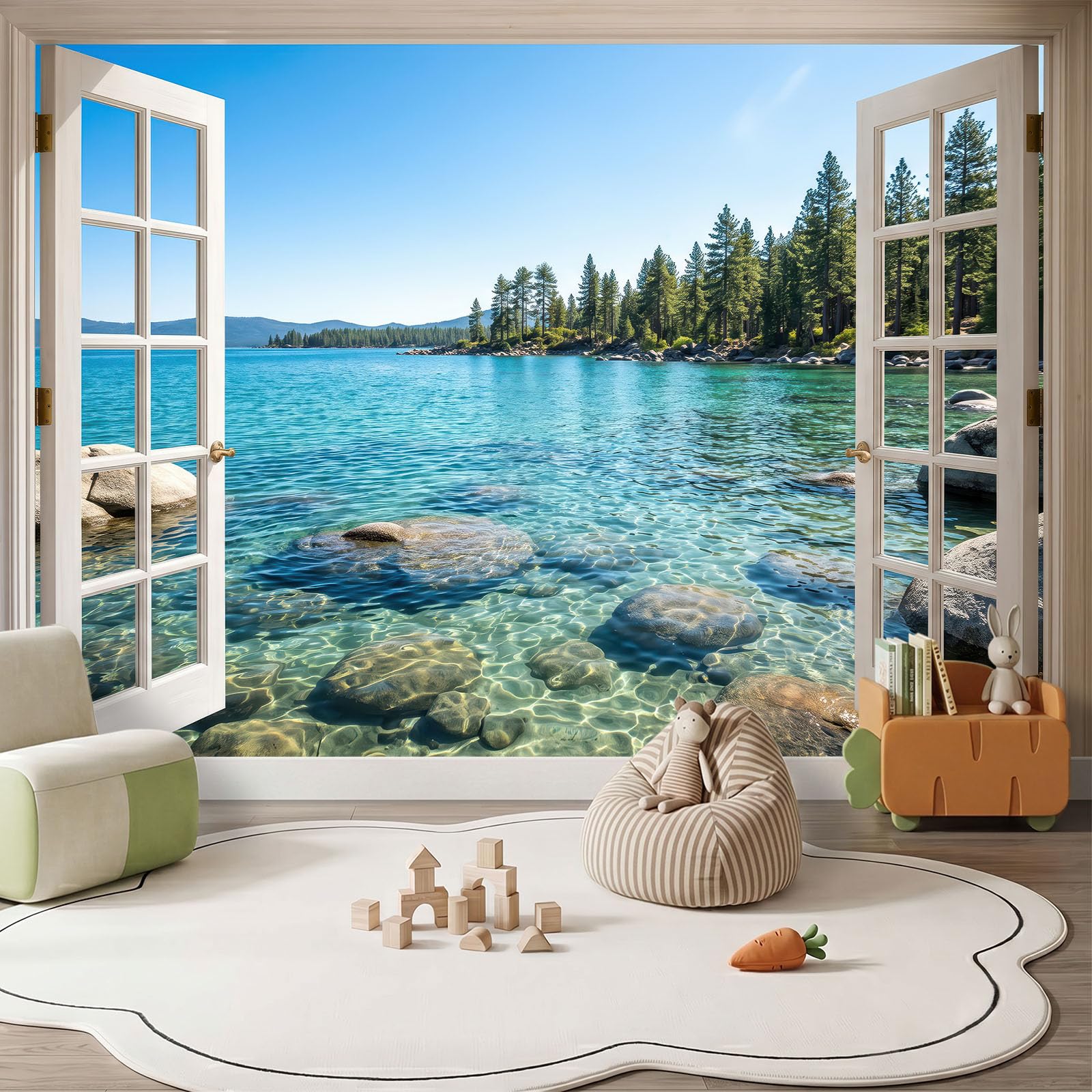 Naturlandschaft Fototapete Vliestapete, 400 x 280 cm Tapete Panorama, See Felsen Wald Kiefern Fenster Tapeten Wanddeko für Wohnzimmer Schlafzimmer Flur, Blau Nicht Selbstklebend Wandtapete
