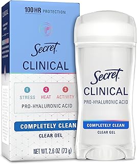 Secret Clinical Strength Antiperspirant Deodorant for Women, 100hr Sweat & Odor Protection, 3X Stress Protection with Hyaluronic Acid, PH Balancing Minerals, Clear Gel, Completely Clean Scent, 2.6 oz