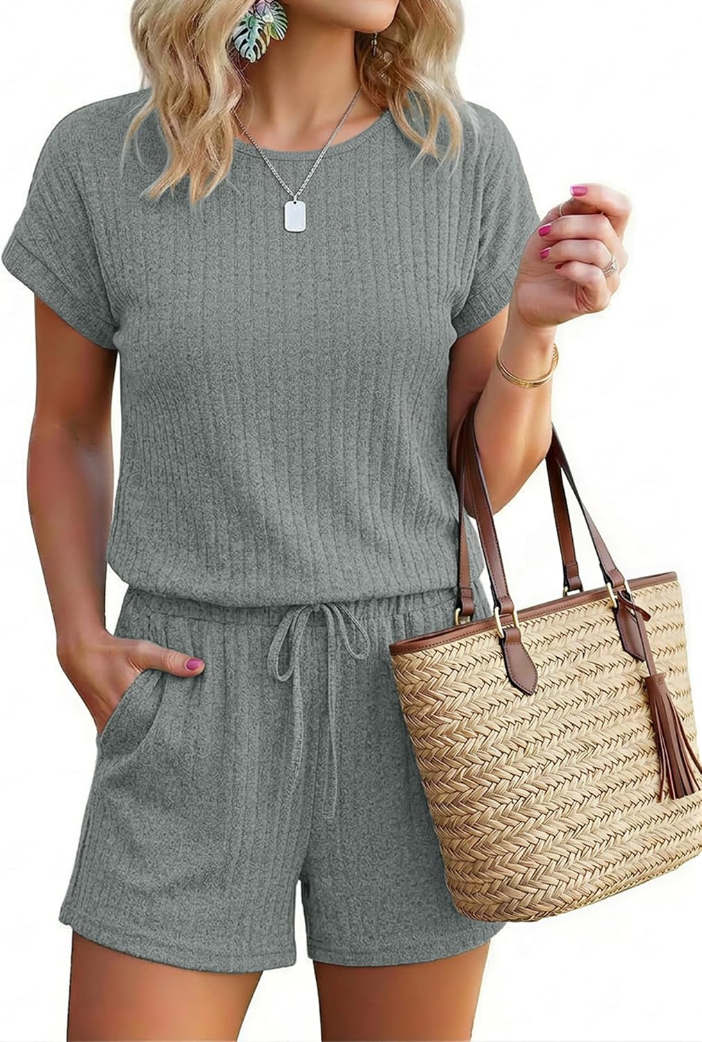 Ekouaer Rompers for Women Ribbed Knit Short Jumpsuit 2026 Summer Casual Vacation Outfits