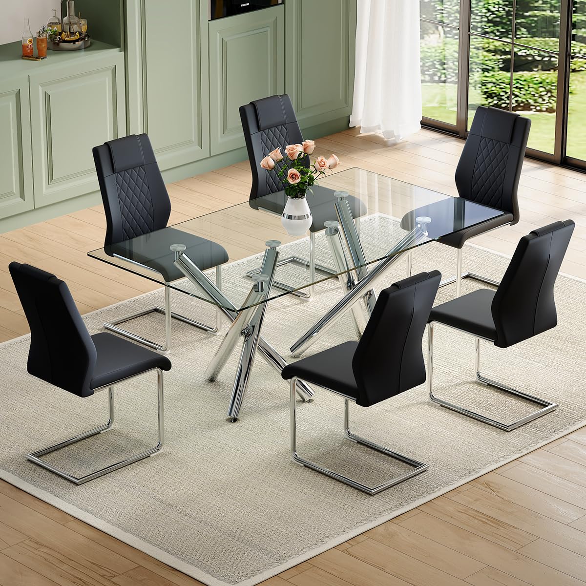 NYEESS Glass Dining Table Set for 6,71” Dining Room Table Set for 6,Large Rectangular Tempered Glass Table and 6 PU Leather Chairs, with Silver Chrome
