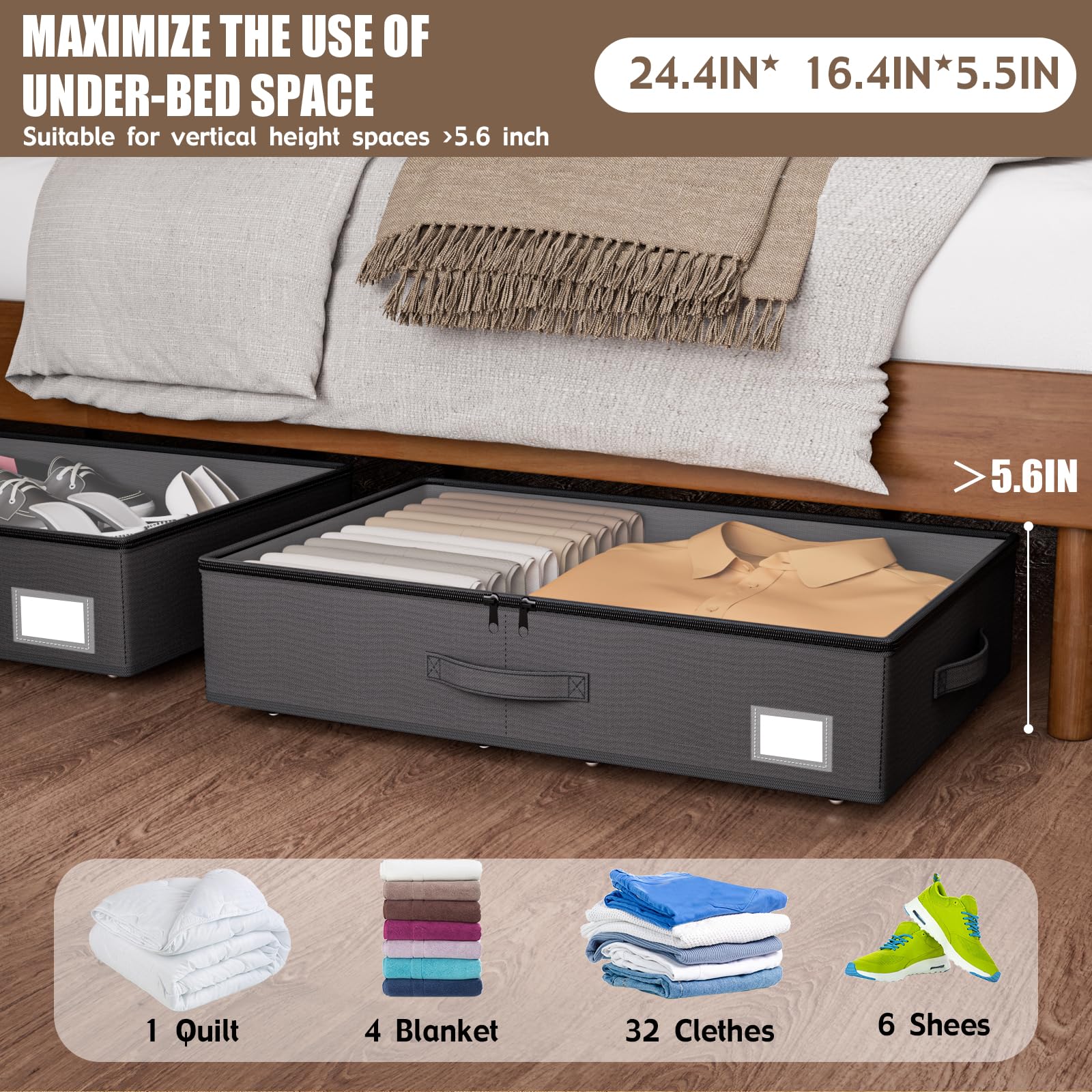EE-RoomWorld Unterbettkommode mit Rollen, kein Zusammenbau erforderlich, 14 cm Höhe, Unterbett-Aufbewahrung, niedriges Profil, rollbare Schuhaufbewahrungsbehälter, für Kleidung, Decken