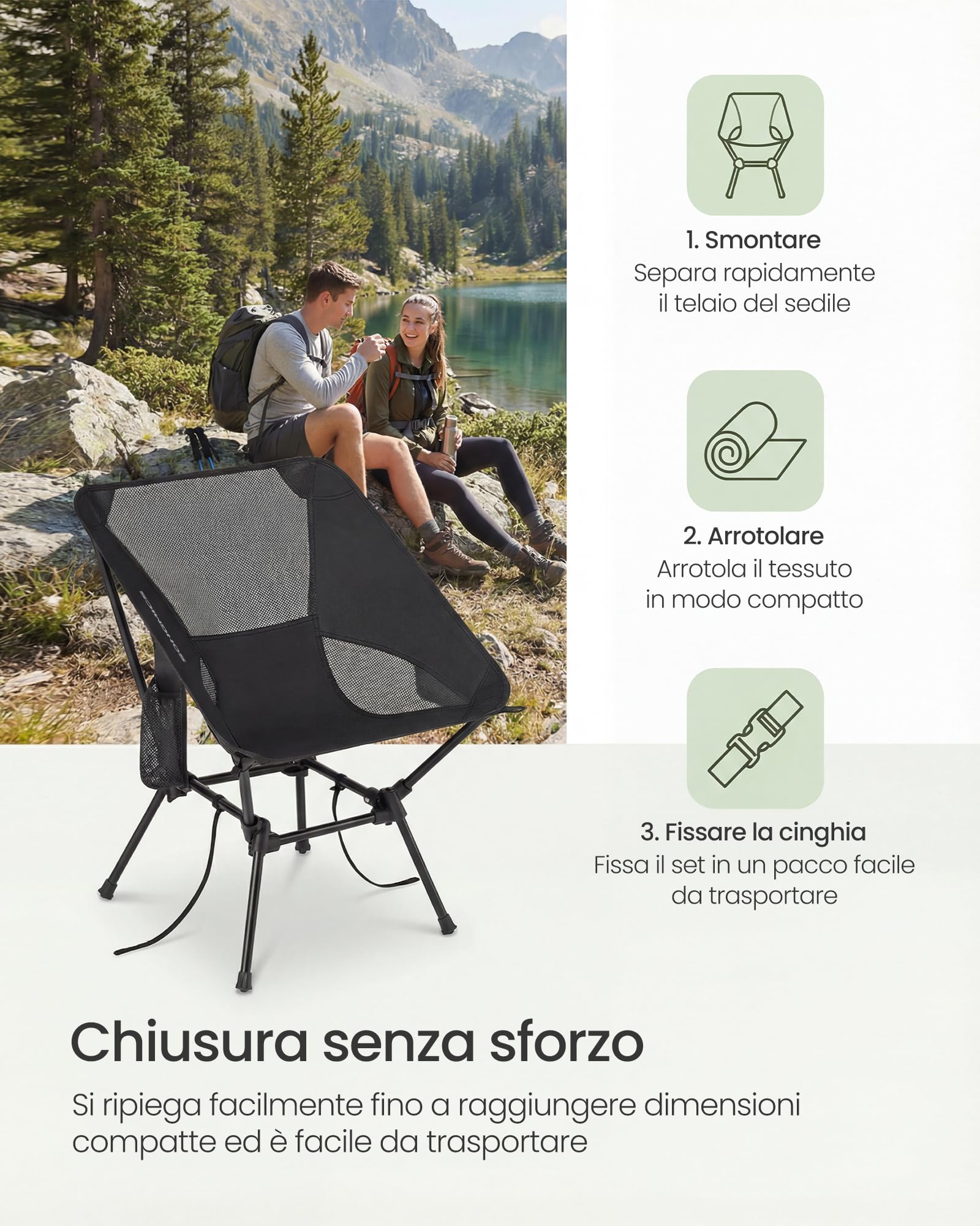 SONGMICS Sedie da Campeggio, Set di 2 Sedie da Esterno, Altezza Regolabile, Struttura in Acciaio, Portata 150 kg, 2 Tasche, per Campeggio, Viaggi, Nero GCB052BZ01