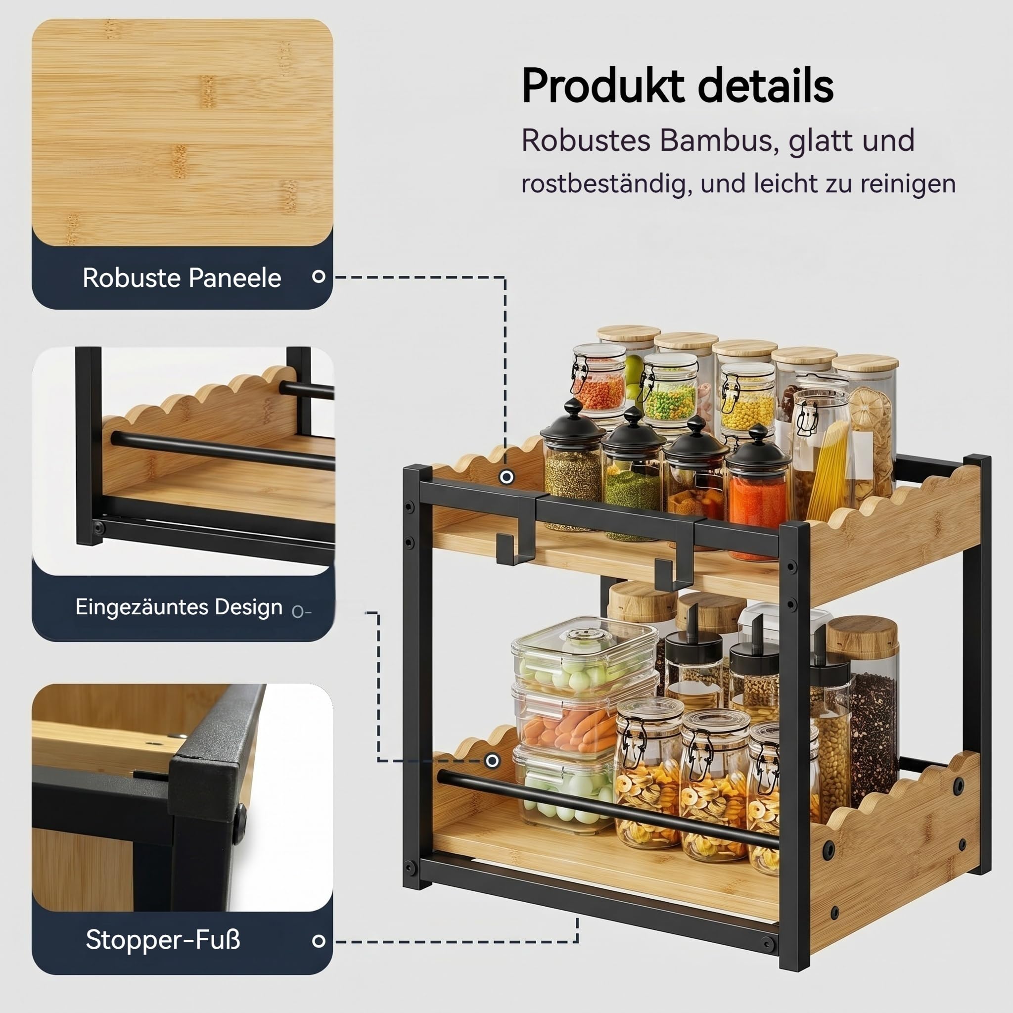 Organizzatore da banco a 2 ripiani in bambù naturale, moderno portaspezie industriale con ripiano estraibile e ganci, elegante contenitore per cucina e casa