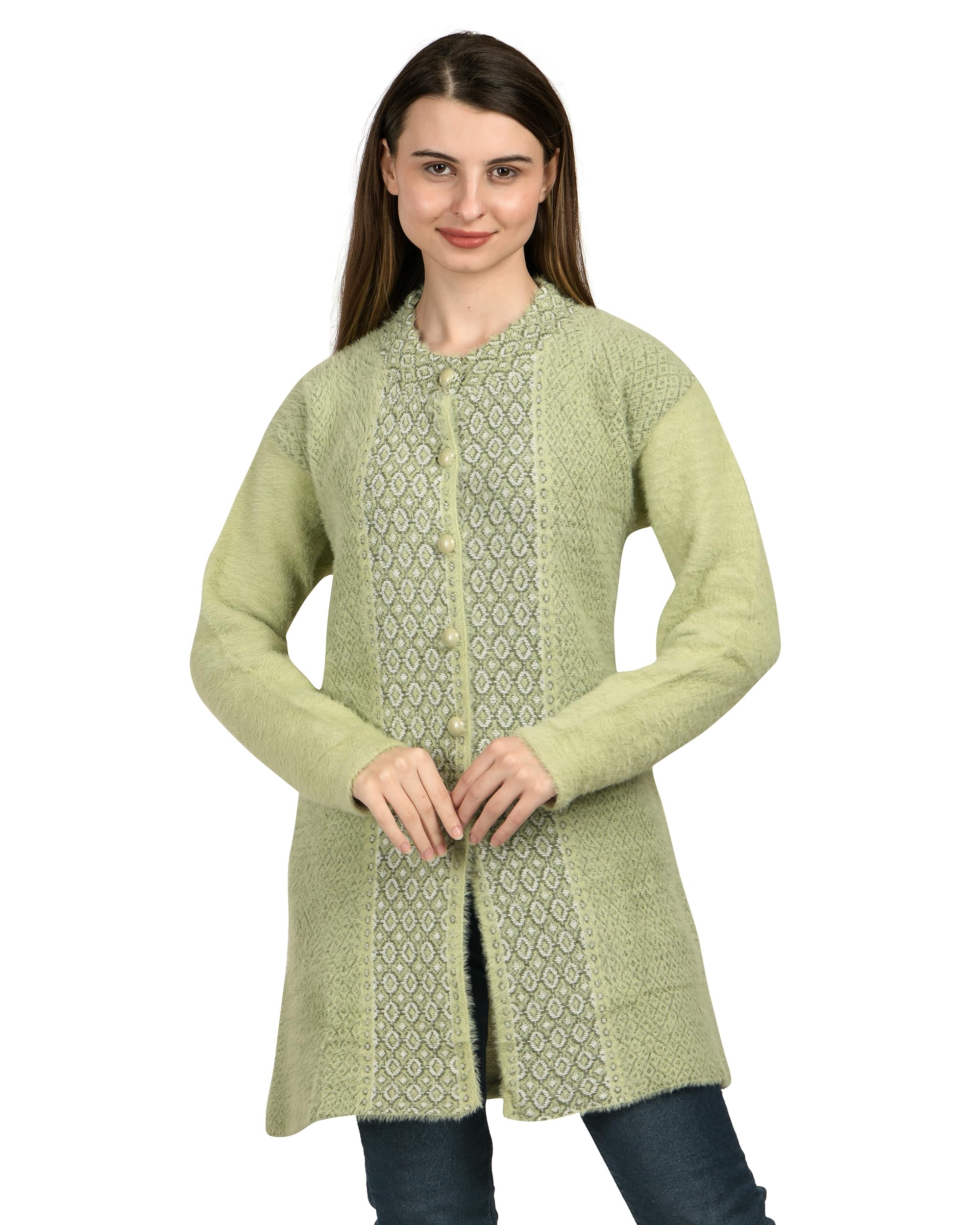 ladywillington Women Woolen Long Coat Warm Fabric Winter Wear Pure Wool Sweater for Women 100% Hair Rainbow Wool Free Size Soft Cardigan with Side Pockets-picture-35
