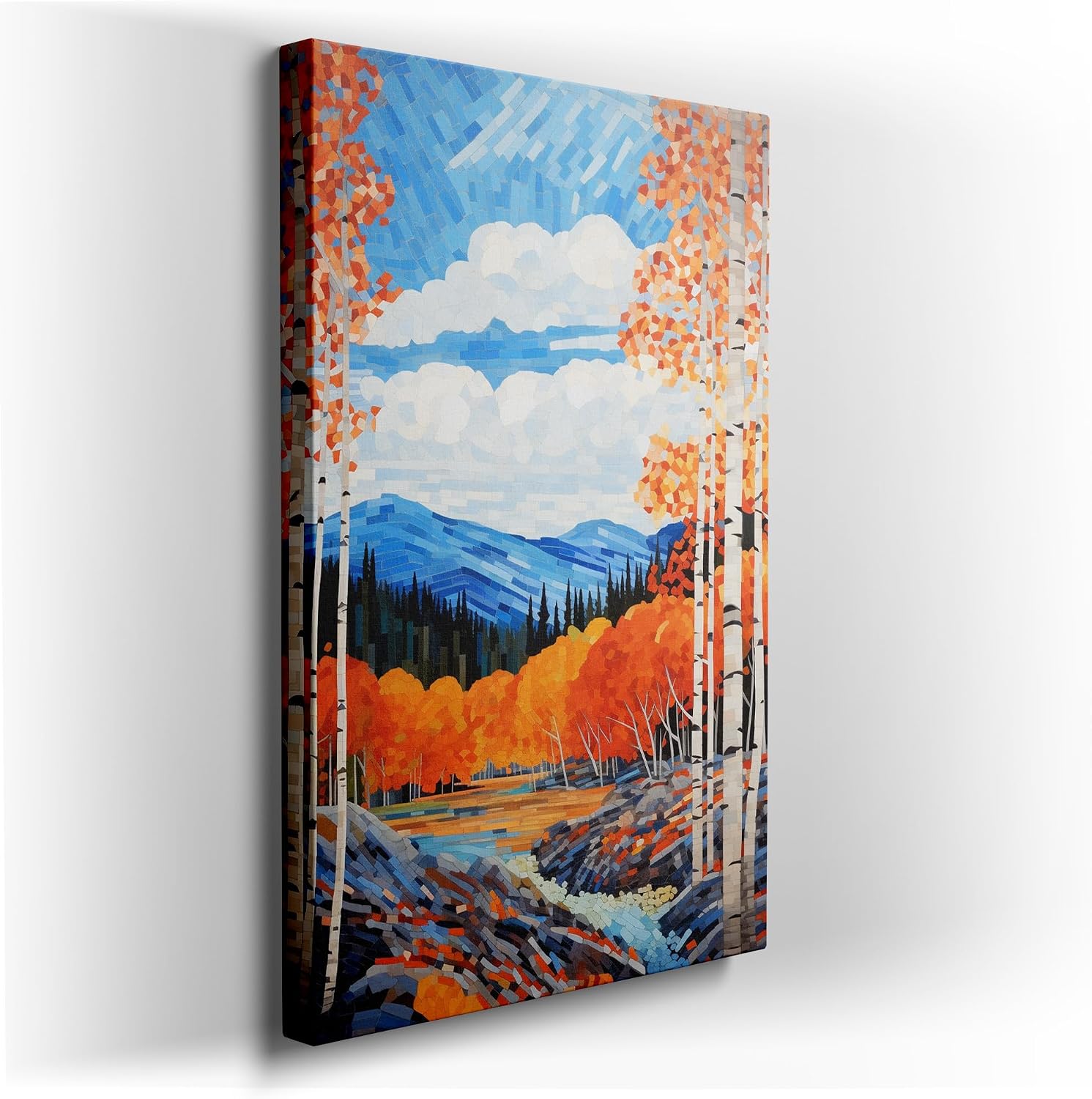 Canvas for Living room. Autumn's Radiance Captured on Canvas - A Vivid Journey Along the Riverbanks, 27 x 18 inch Canvas Wall Art - Contemporary Masterpieces - Modern Home Decor