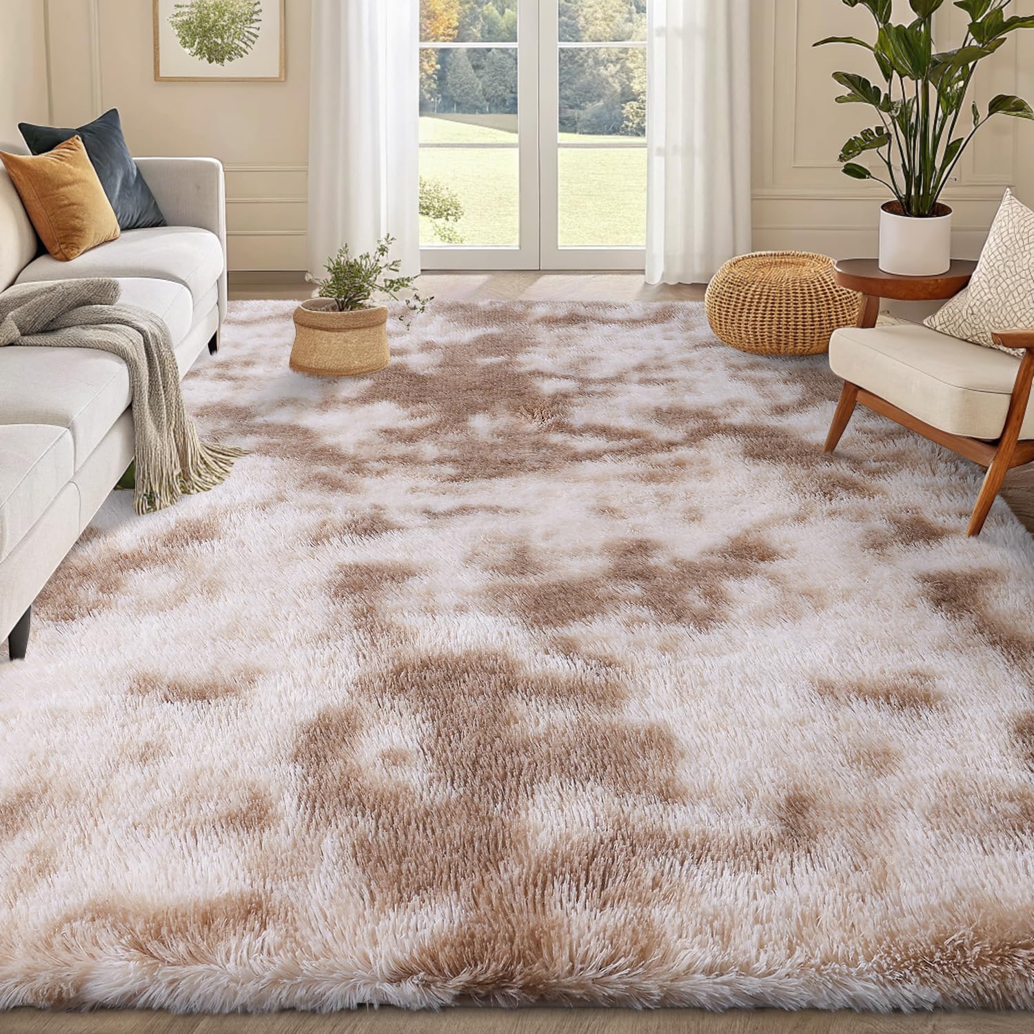 smiry Rugs Living Room 200x280cm, Area Rugs for Bedroom, Machine Washable Anti Slip Soft Fluffy Shaggy Tie-dye Floor Carpet for Kids Girls and Boys, Nursery Room, Beige