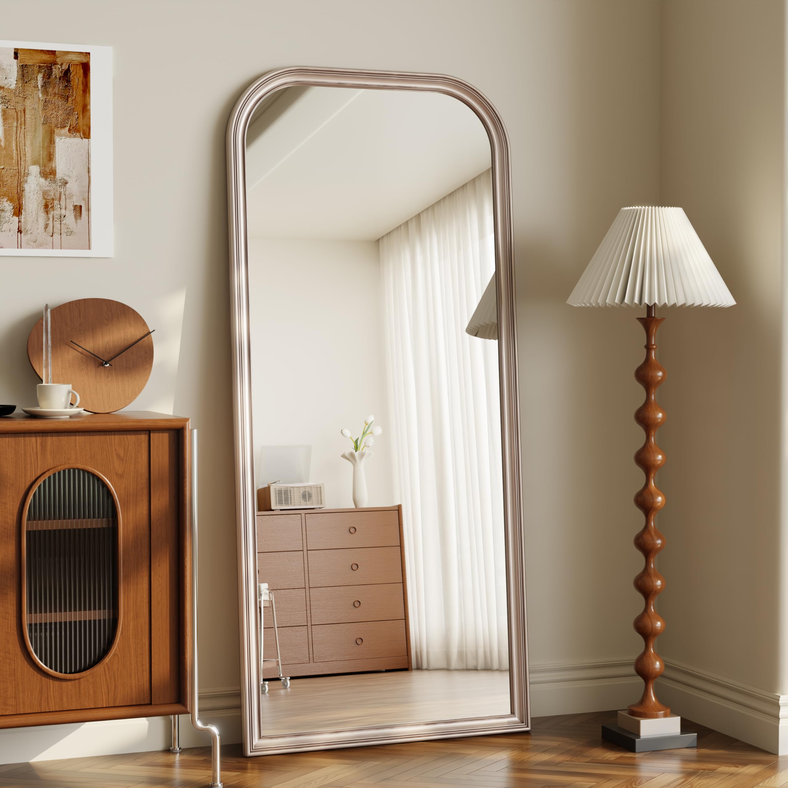 VETROVUE 41"×81" Rounded Top Large Full Length Mirror, Arched Vintage Floor Stangding Body Mirror - PU Frame, Wall Mounted Hanging Leaning Antique Decor for Dressing Room, Entryway, Bedroom, Silver
