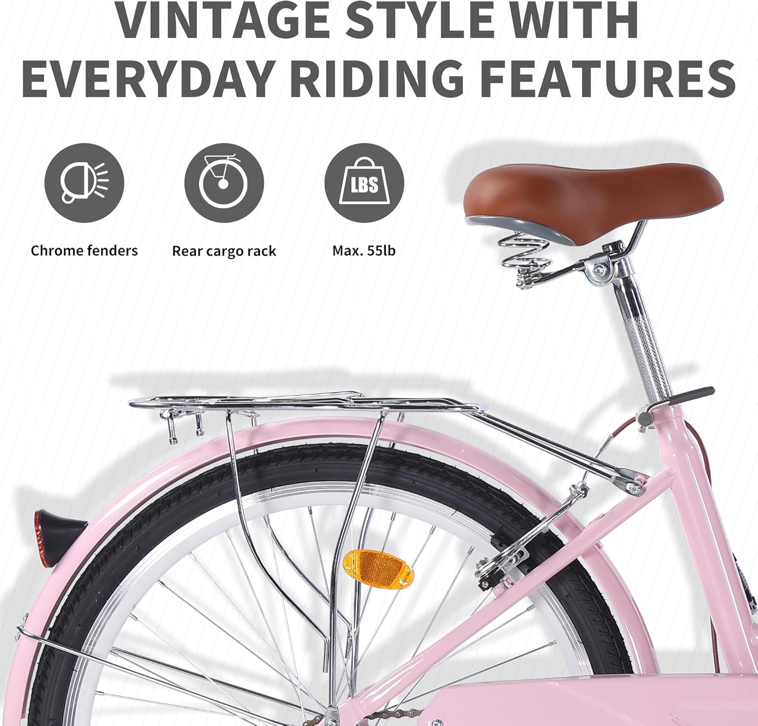 Beach Cruiser Bike for Women, 24 inch Adults Bicycle Single Speed, Bicycle for Women with Basket & Steel Rack, Women's Bike for Commuting, Step Through City Bike for Adults