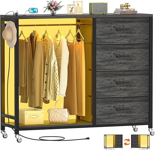 Miniatura 8 de Cyclysio Cómoda con perchero, 5 cajones con estación de carga y luces LED, unidad de almacenamiento blanca con ruedas, armario