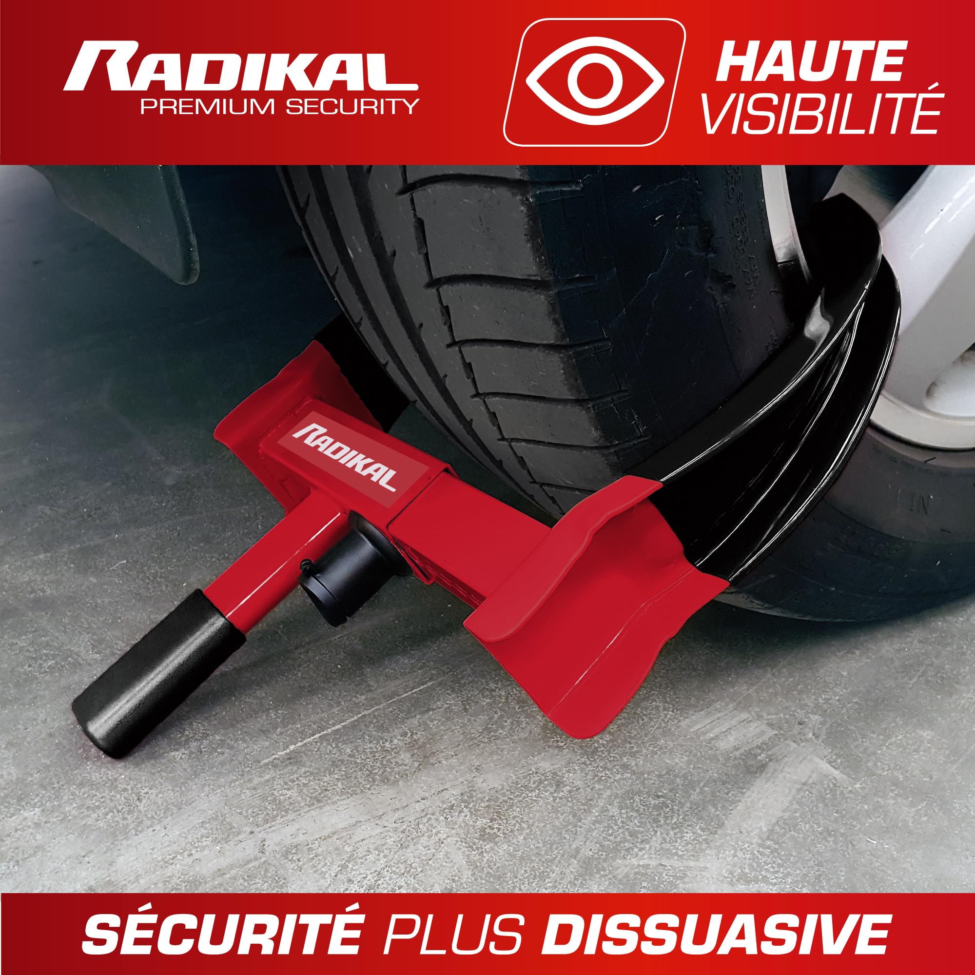 RADIKAL RK1001 Antivol Voiture Sabot Roue Premium, Antivol Remorque Bloque Roue, Serrure Anti-Perçage, Robuste Griffe de Pneu Sécurité Antidémarrage, Réglable 18-29 Universel Auto Camping Car Caravane