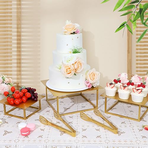 Miniatura 2 de Dualshine Juego de 3 soportes cuadrados dorados para tartas, 8, 10, 12 pulgadas, elegantes soportes para pasteles de boda y mesa de postres,