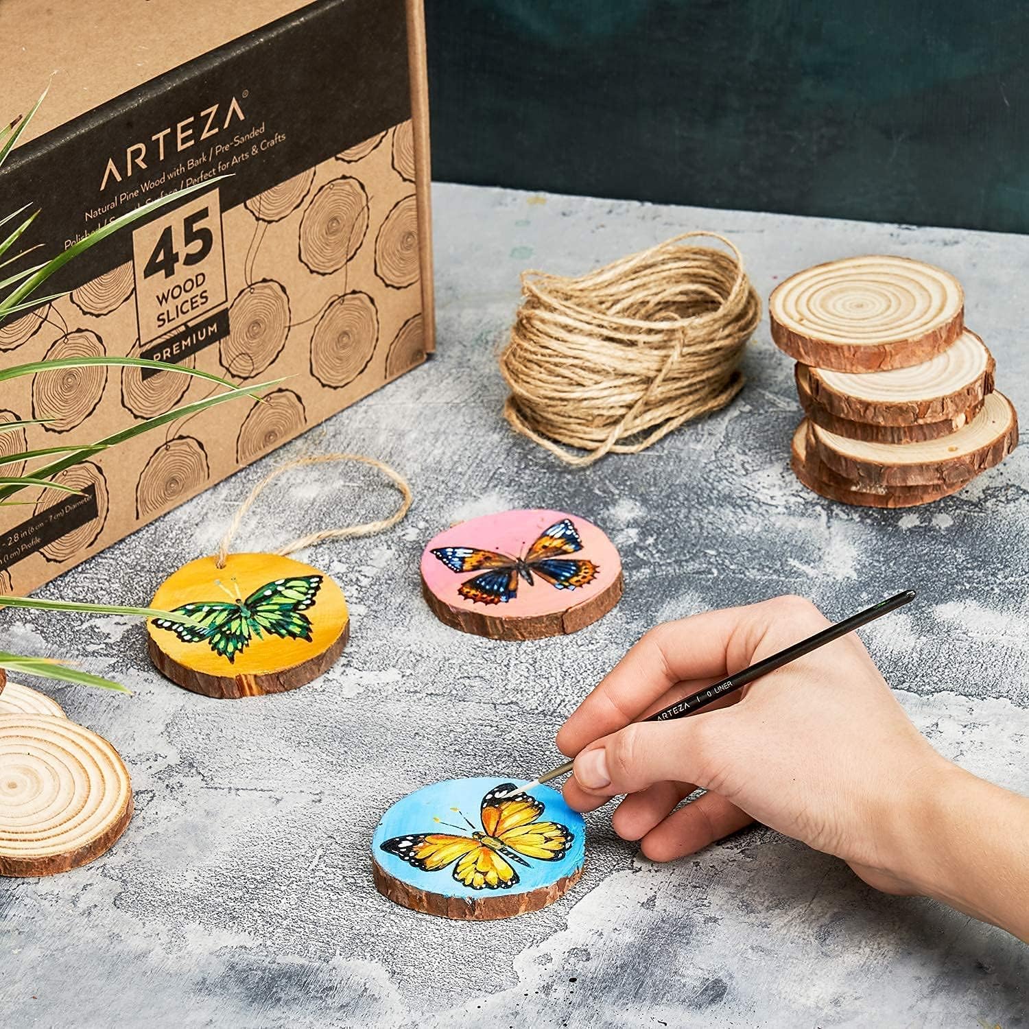 ARTEZA Iridescent Acrylic Paint Set and Wood Slices with Bark Bundle, Painting Art Supplies for Artist, Hobby Painters & Beginners