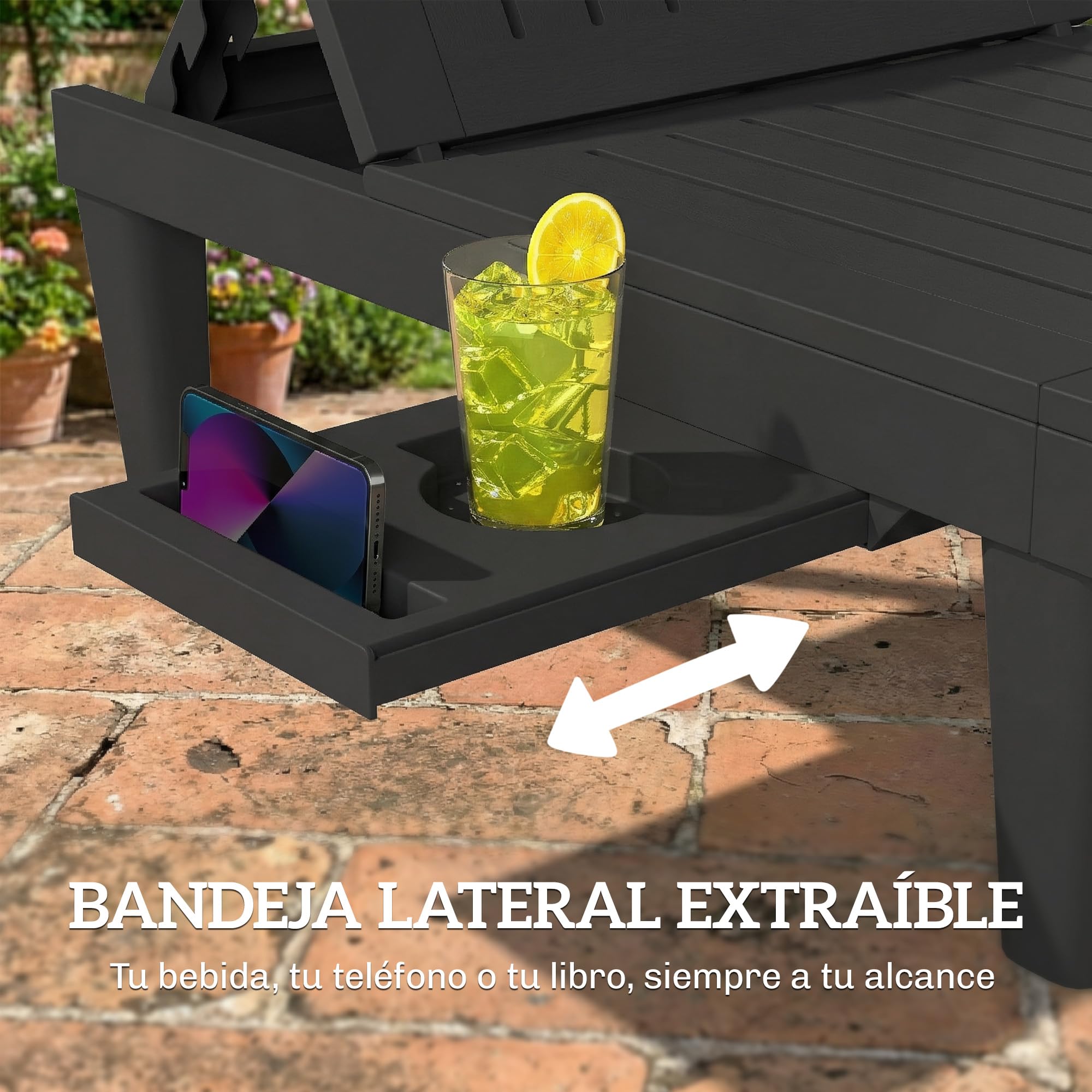 Outsunny Pack de 2 Tumbonas de Jardín Exterior Reclinables de PP, Negro | Bandeja Lateral, Respaldo Ajustable de 5 Niveles, Resistentes a la Intemperie, para Playa, Piscina