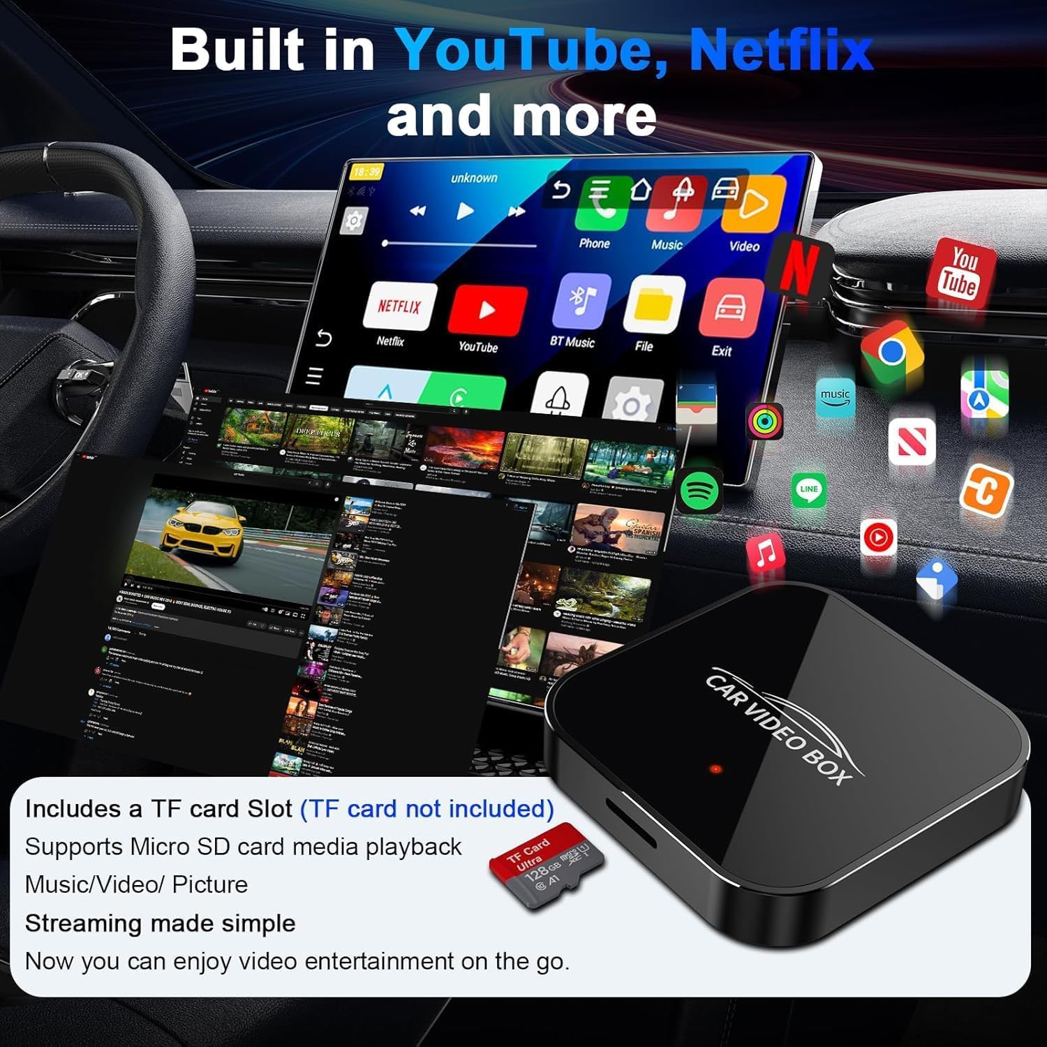2026 Wireless CarPlay & Android Auto Adapter supporta Netflix/YouTube/TF – Plug & Play, Magic Video Box compatibile con CarPlay & Android Auto di fabbrica (4GB RAM+16GB)