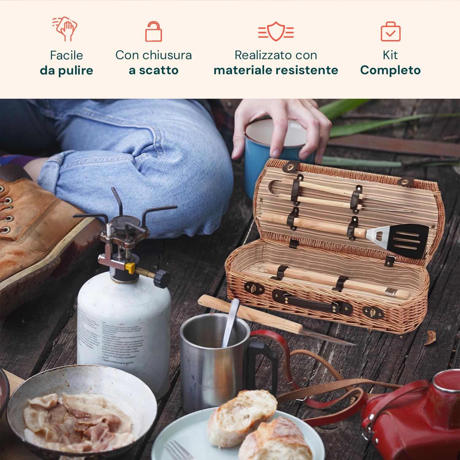 Avilia Bolsa de Herramientas para Barbacoa de Mimbre, Juego de Barbacoa portátil con 5 Accesorios en maletín, Kit para Barbacoa de Camping, Herramientas de Barbacoa de Viaje y Picnic al Aire Libre