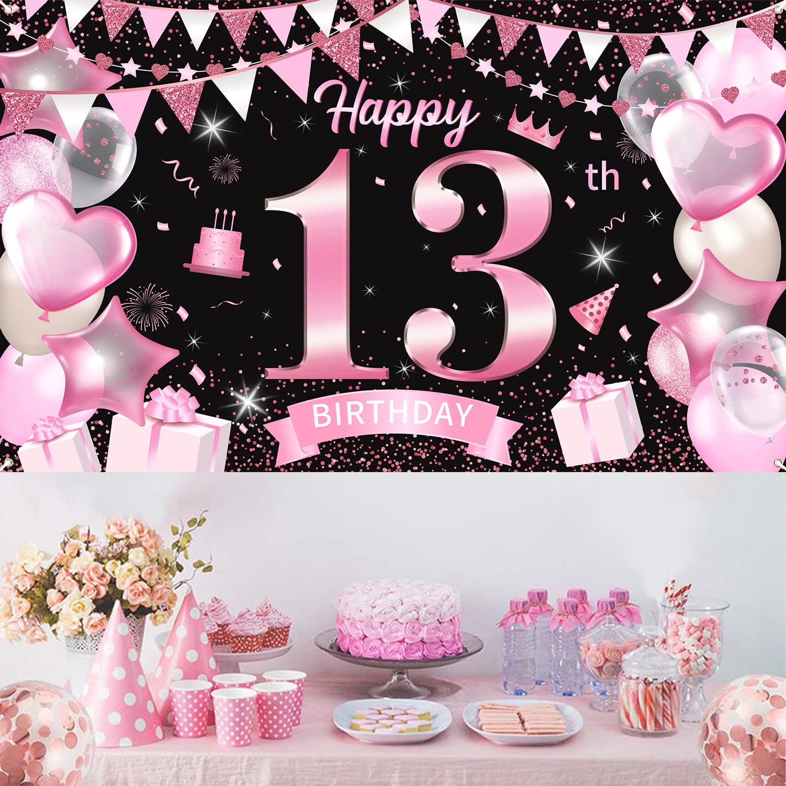 13 Anni Compleanno Festa Decorazioni Nero Oro Rosa, 13 Anni Striscione di Compleanno Buon 13 ° Compleanno Decorazione per Donna Poster di Tessuto Sfondo Fotografico 13anni Ragazze