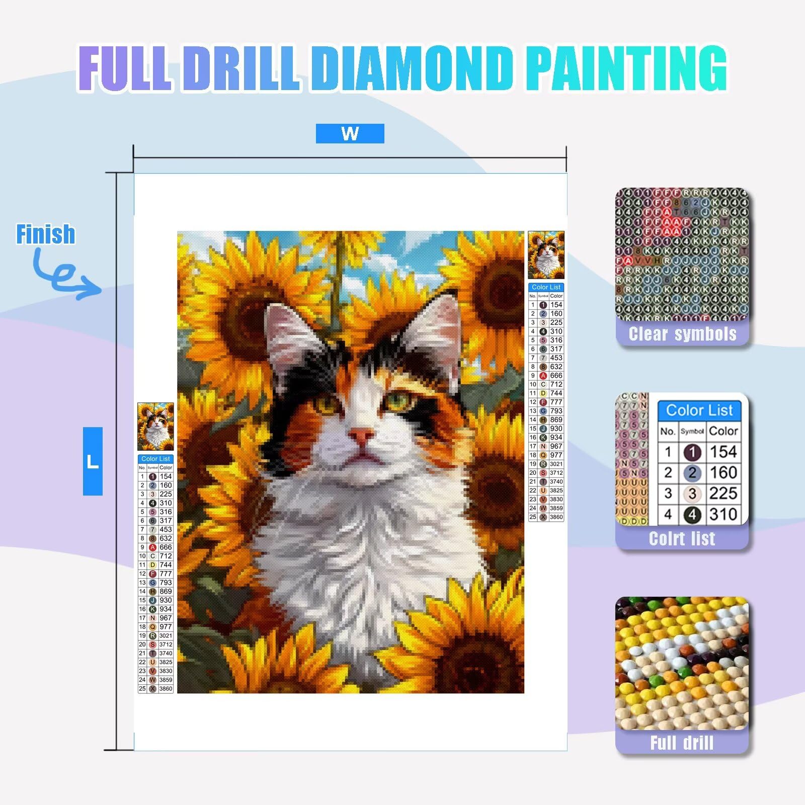 Kit Pittura Diamante 5D Gatto E Girasole - Decorazione Fai Da Te Per Parete 30x40 Cm, Con Diamanti E Strass - Foto 4