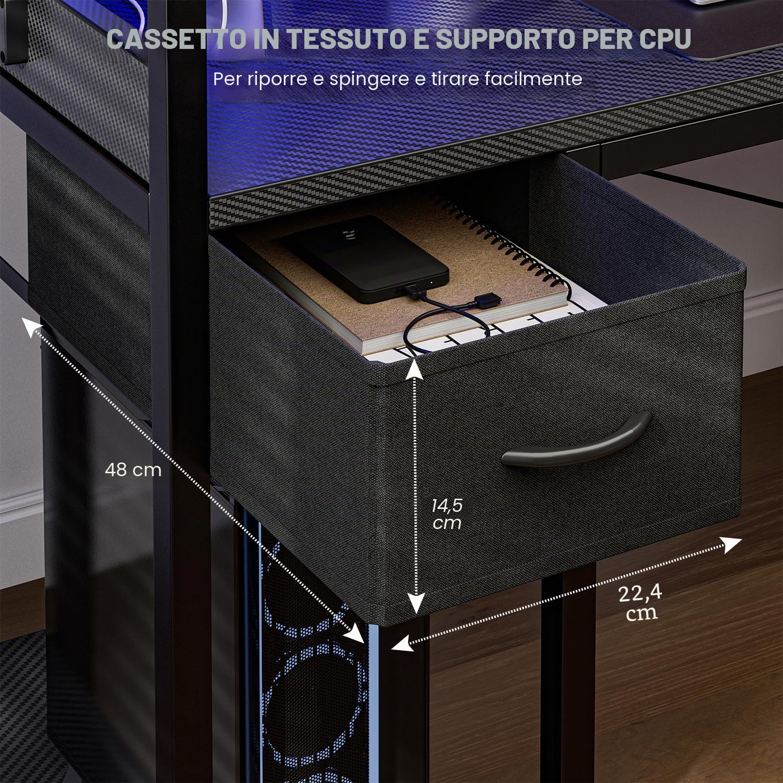 Grandder Scrivania Gaming 100x50cm con Presa di Corrente e Luci LED, Tavolo per PC Compatto con Ripiani Reversibili e Cassetto, Scrivania per Ufficio e Casa con Borsa Portaoggetti, Nero