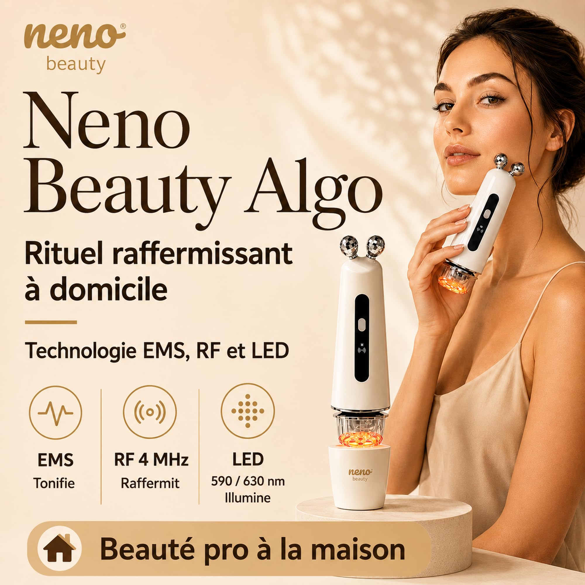 Neno Algo Appareil de Massage du Visage – Rouleau Visage 3D avec EMS & RF pour Effet Lifting et Soin des Contours – Appareil Anti-âge avec Deux Têtes et Rouleau Rotatif à 360° – Anti-Double Menton